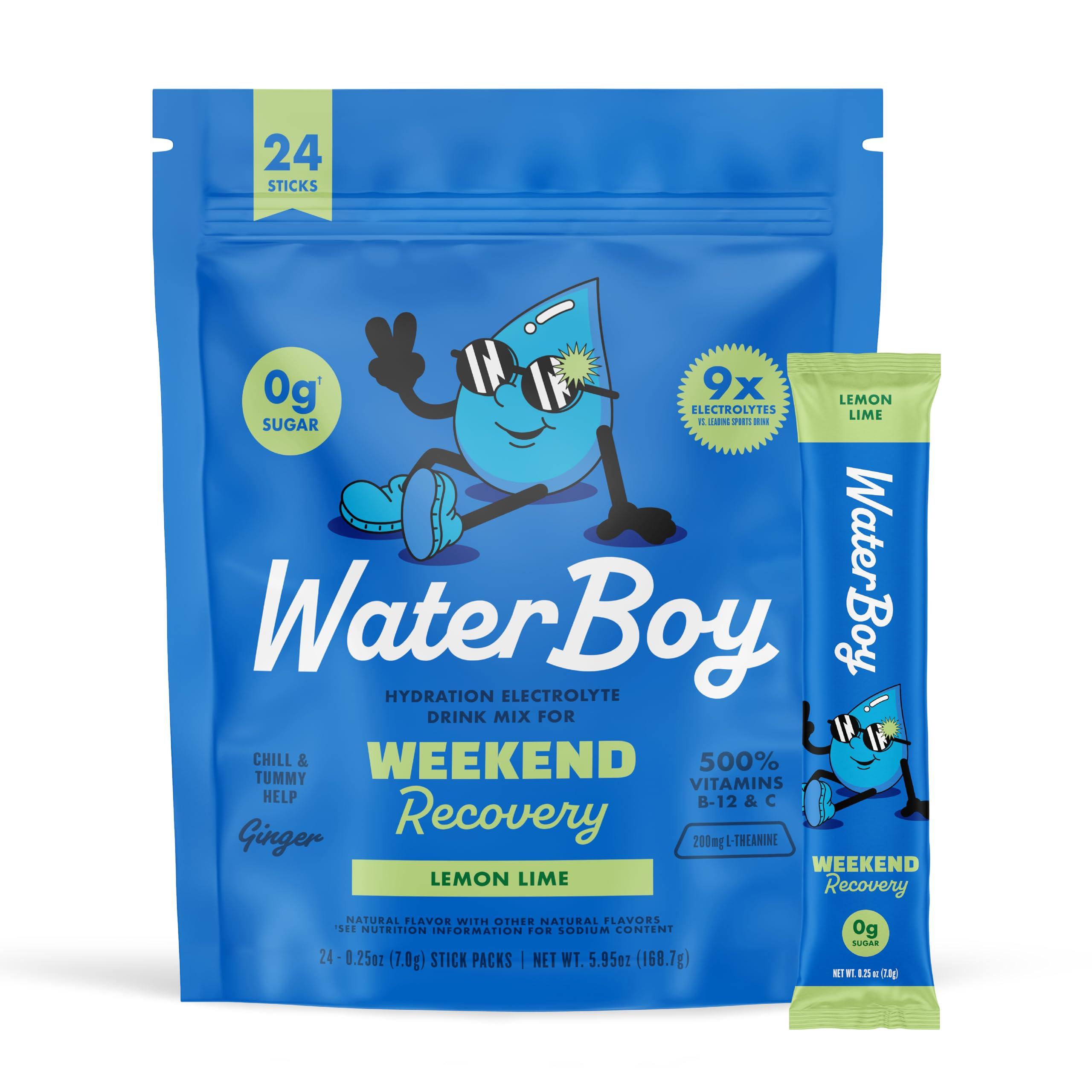 Waterboy Waterboy Weekend Recovery | 3,200mg Electrolyte Powder Packets | Ginger + L-Theanine + Vitamins | No Sugar, All Natural, Gluten Free | 24 Drink Stick Mixes (Lemon Lime)