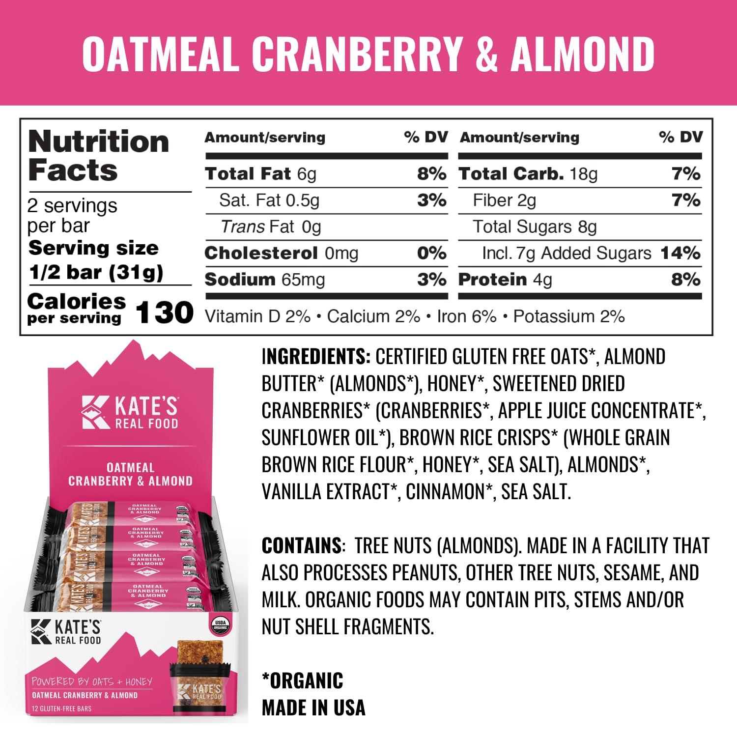Kate's Kate’s Real Food Organic Energy Bars, Non-GMO, All-Natural Ingredients, Gluten-Free and Soy-Free Healthy Snack with Natural Flavors, Oatmeal Cranberry & Almond (Pack of 12)