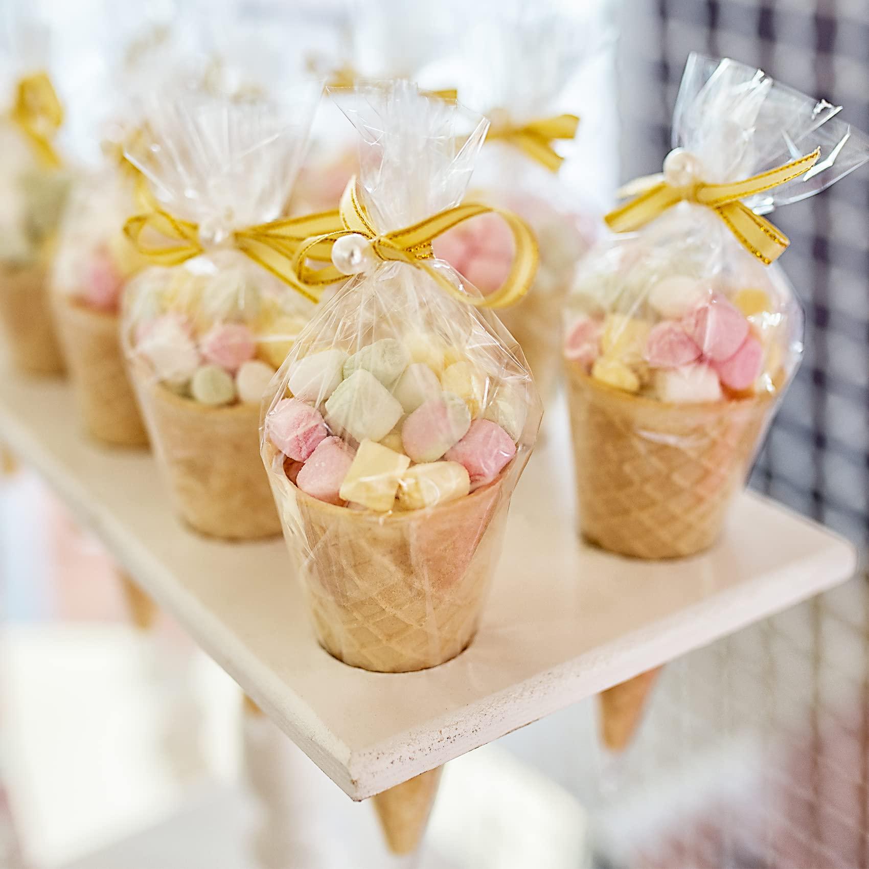 Morepack Morepack Cone Treat Bags, 100Pcs, 7x15 Inches, Clear Cellophane, with Twist Ties, for Treats, Popcorn, Candy, Party Favors