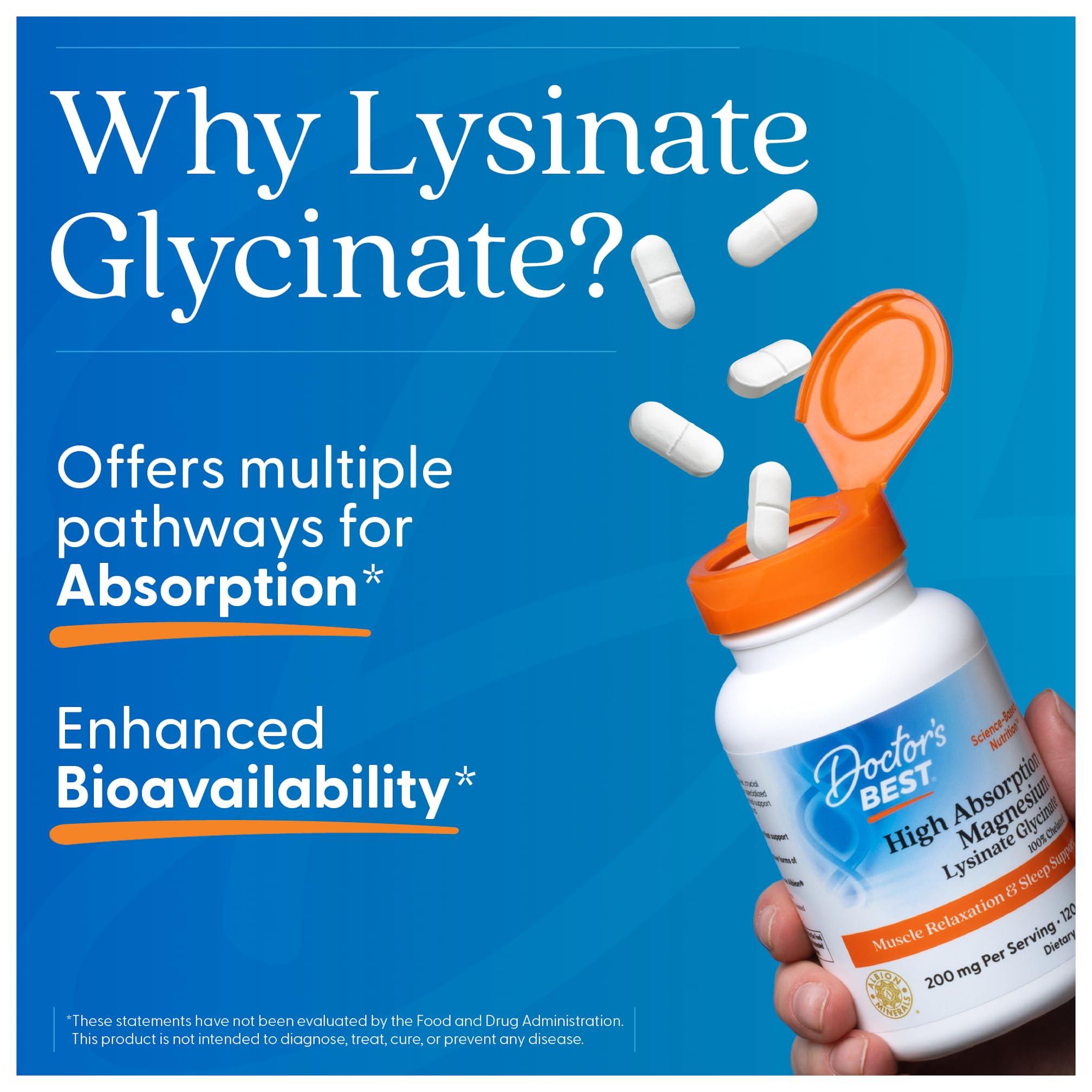 Doctor's BEST Doctors Best High Absorption Magnesium Glycinate Lysinate Supplement - 100% Chelated for Maximum Absorption - Magnesium for Sleep and Muscle Relaxation - 200 Mg Per Serving - 120 Tablets