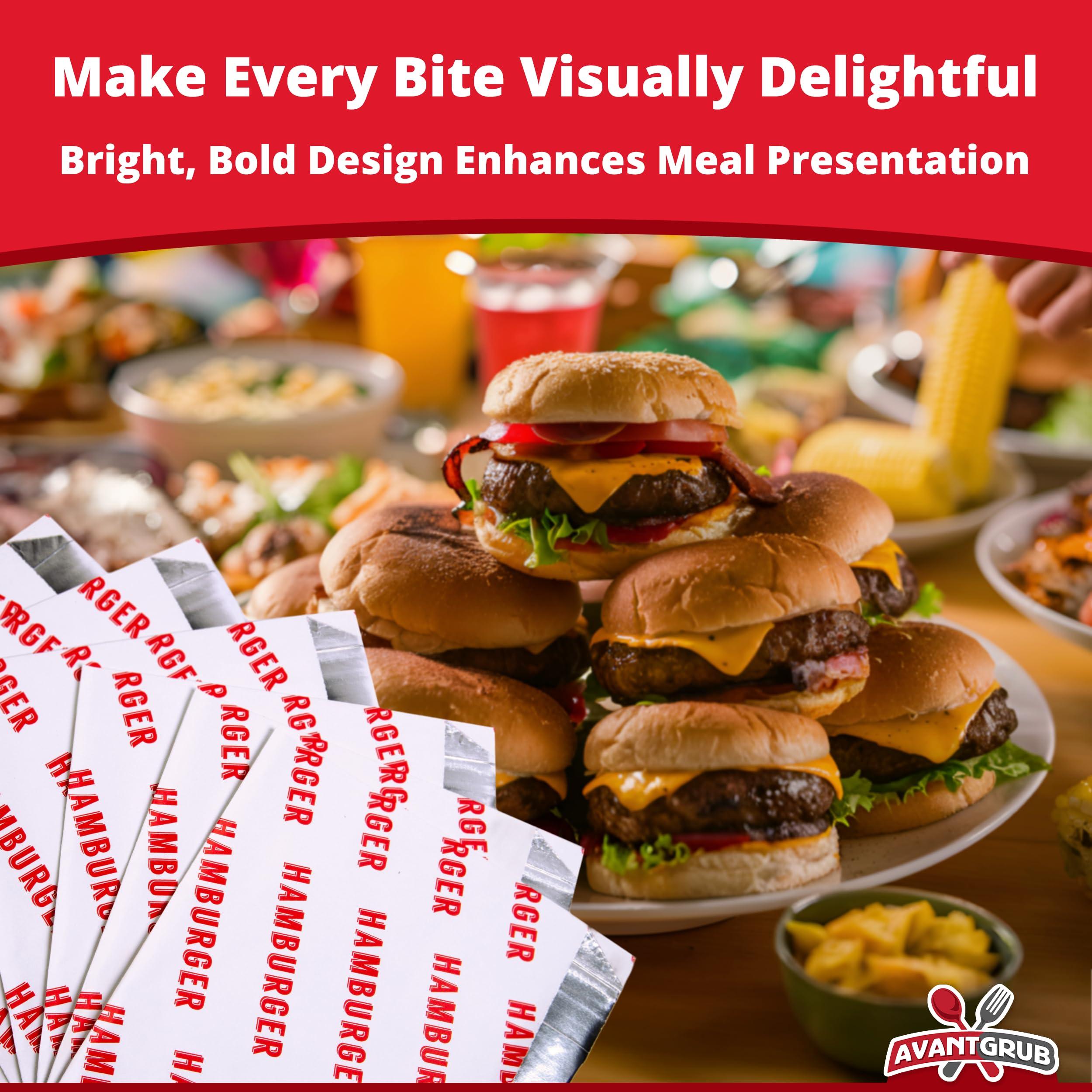 Avant Grub Retro, Grease Proof Burger Wrappers 10Pk. Insulated, Pro Quality Bulk Hamburger Bags are BPA Free. Large, Allergen Friendly BBQ Foil Paper Great Cooking Supply for Themed Party