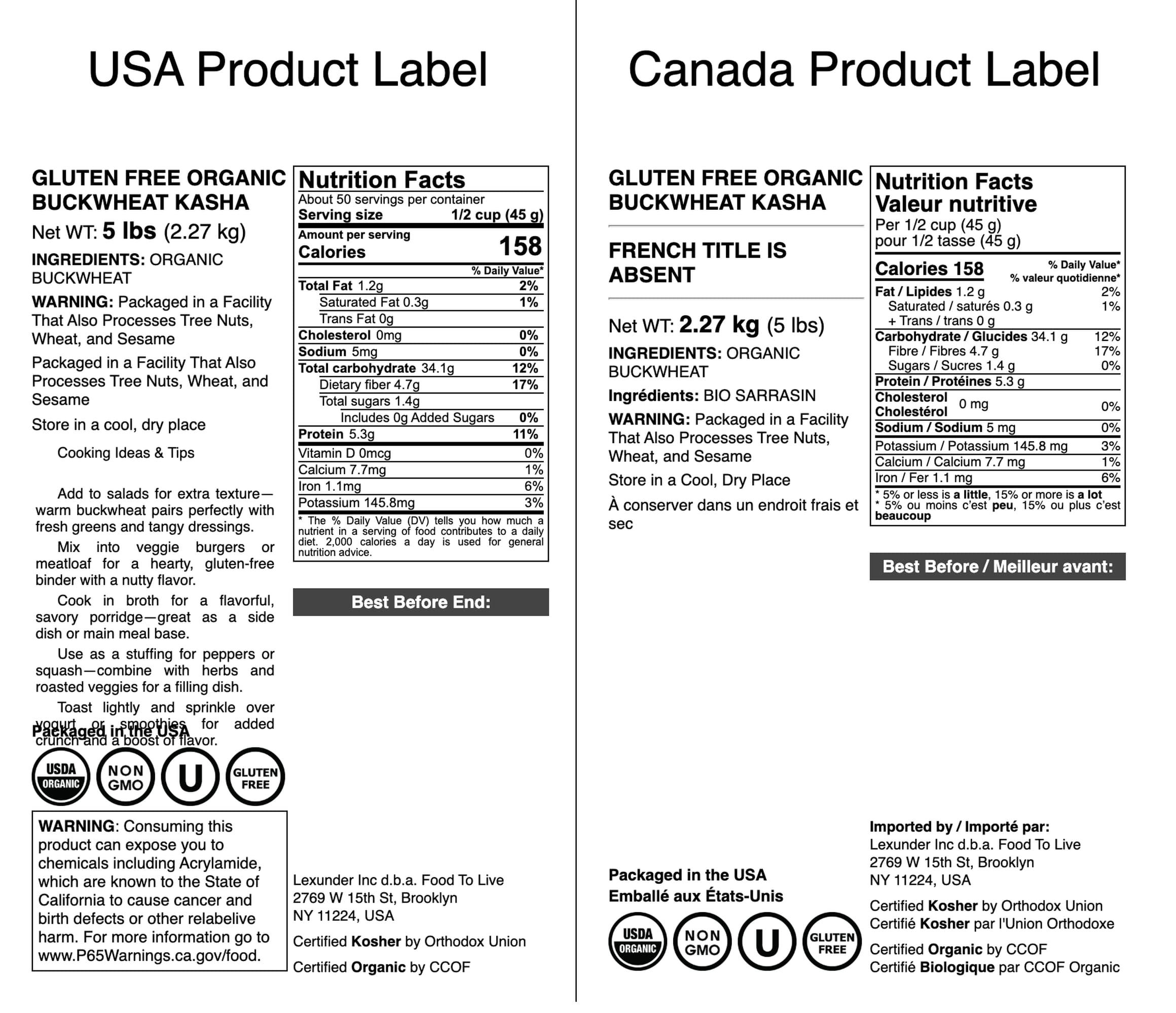 Food to Live Food to Live Gluten Free Organic Roasted Buckwheat Kasha, 5 Pounds Non-GMO Whole Groats. Quick-Cooking. Good Source of Fiber, Protein, and Copper.