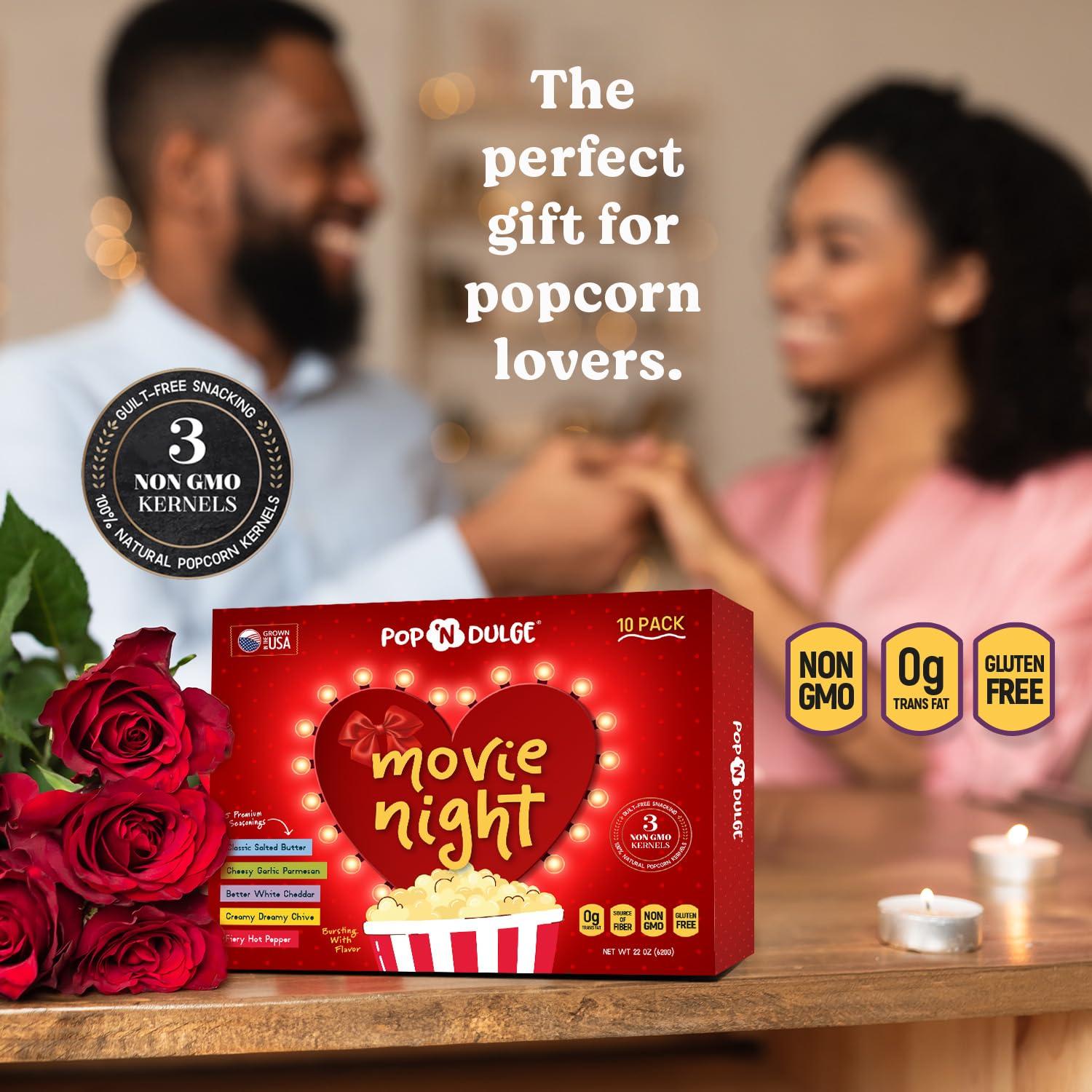 Pop n' Dulge Valentines Day Gifts Movie Night Popcorn Gift Set, Valentines Day Gifts For Her Him, 10 Piece Set, 5 Gourmet Popcorn Kernels and 5 Popcorn Seasoning Flavoring, Kosher, Non-GMO Romantic Movie Night Gift Baskets Gift Idea