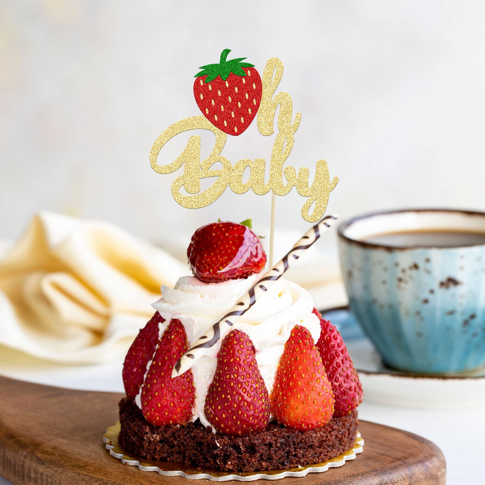 Ephlyn 1Pc Strawberry Oh Baby Cake Topper Glitter Fruit Theme Babyshower Strawberry Cake Decoration for Gender Reveal Baby Shower Kids Boys Girls Birthday Party Cake Decorations Supplies