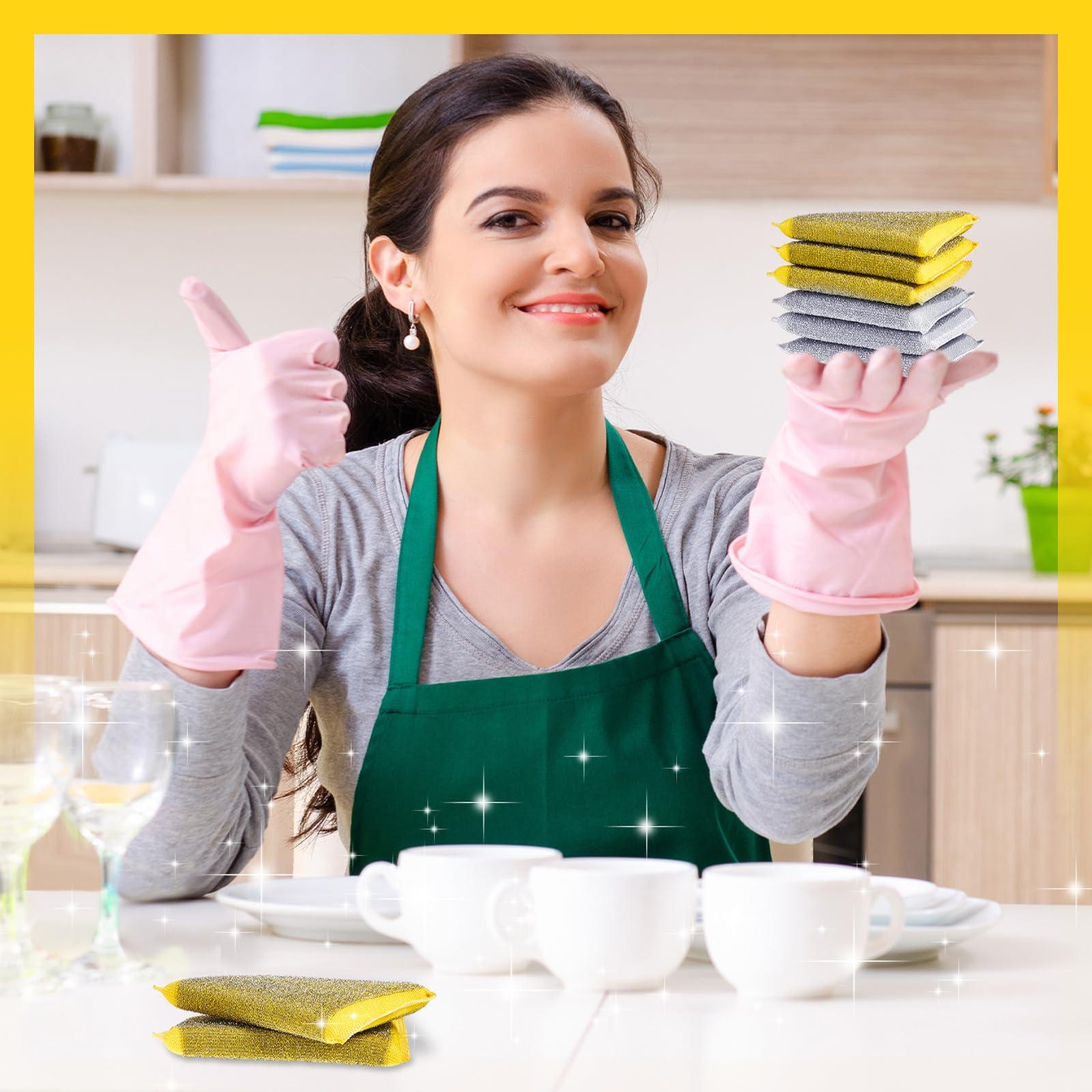 Thyle Thyle 24 Pack Steel Scrub Sponges for Dishes Non Scratch Scouring Sponge Multi Use Metal Scrubber Heavy Duty Dish Wash Kitchen Sponge for Pot Dish Washing Hard Surface Cleaning Tools (Gray, Yellow)