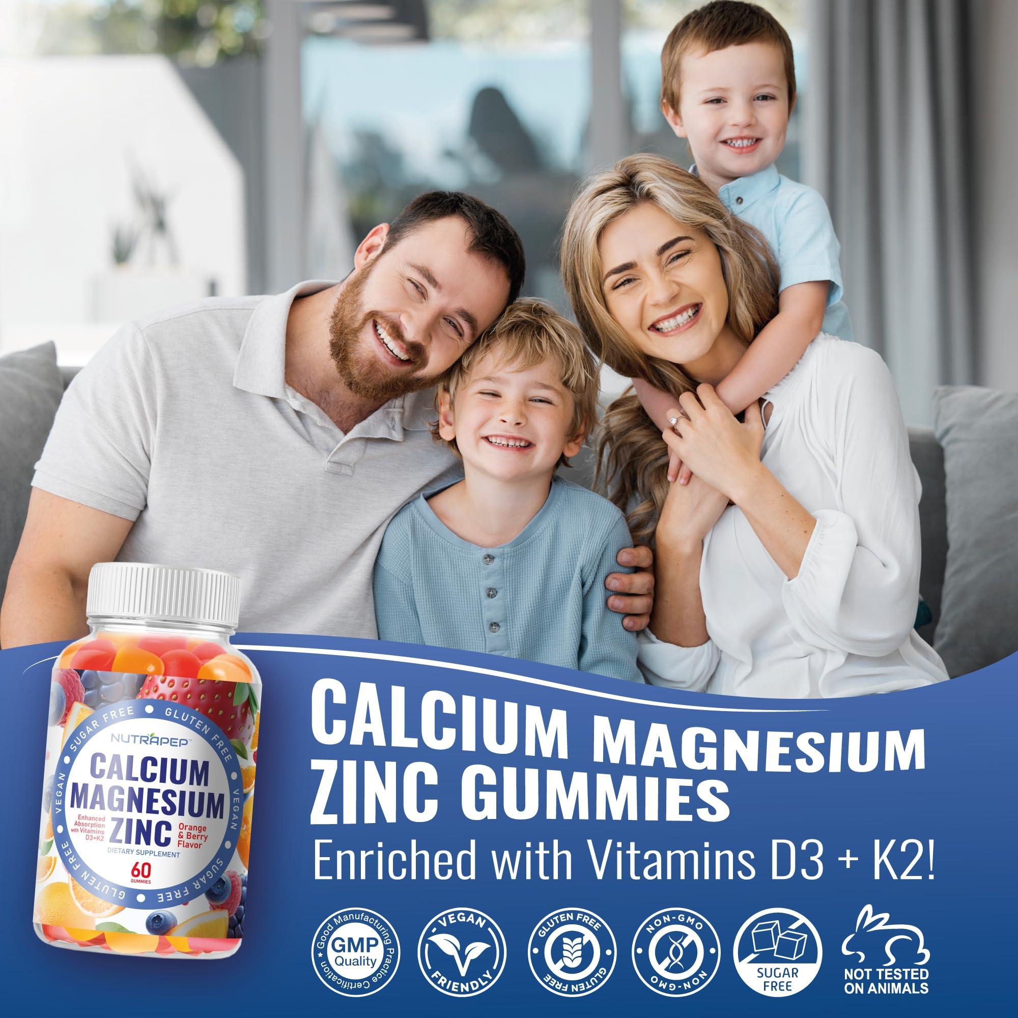 NutraPep Calcium Magnesium Zinc Supplement Gummies - with Vitamin D3 K2 Magnesium Glycinate - Orange Berry Flavored Vegan Sugar-Free Gluten Free Chewable for Men Women Kids