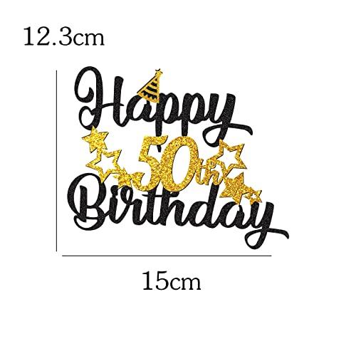 YunJingJia 50th Birthday Cake Topper, Black Gold Glitter Cupcake Topper for Happy 50th Birthday Party Decorations Supplies for Men or Women
