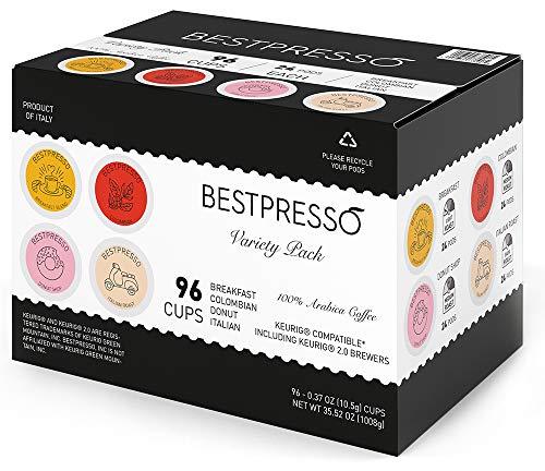 Bestpresso Bestpresso Coffee, Variety Pack Single Serve K-Cup Pods, 96 Count. Includes Breakfast, Colombian, Donut and Italian (Compatible With 2.0 Keurig Brewers) 8 Packs Of 12 Cups