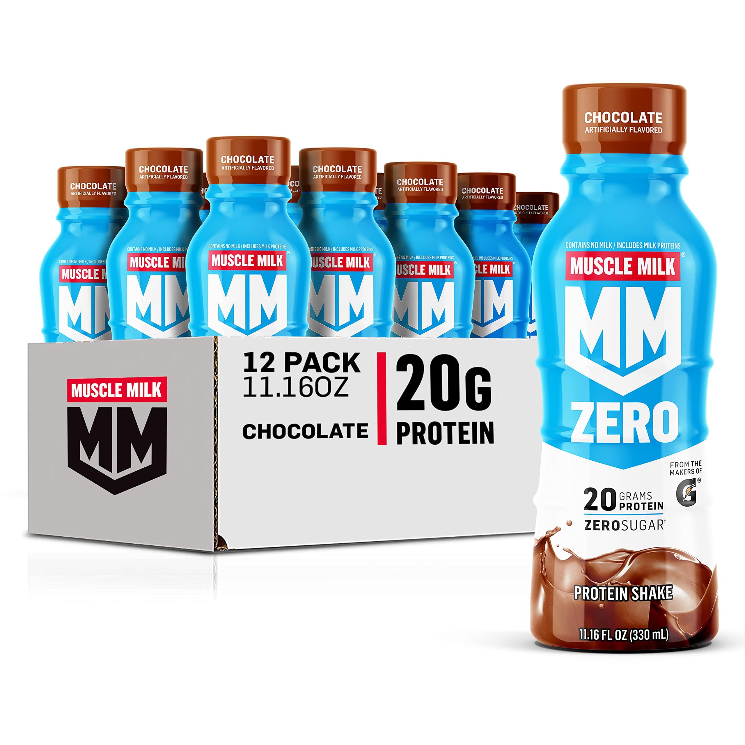 Muscle Milk Muscle Milk Genuine Protein Shake, Chocolate, 25g Protein, 11.16 Fl Oz (Pack of 12) & Zero Protein Shake, Chocolate,20g Protein, Zero Sugar, 100 Calories, Calcium, Vitamins A, C & D