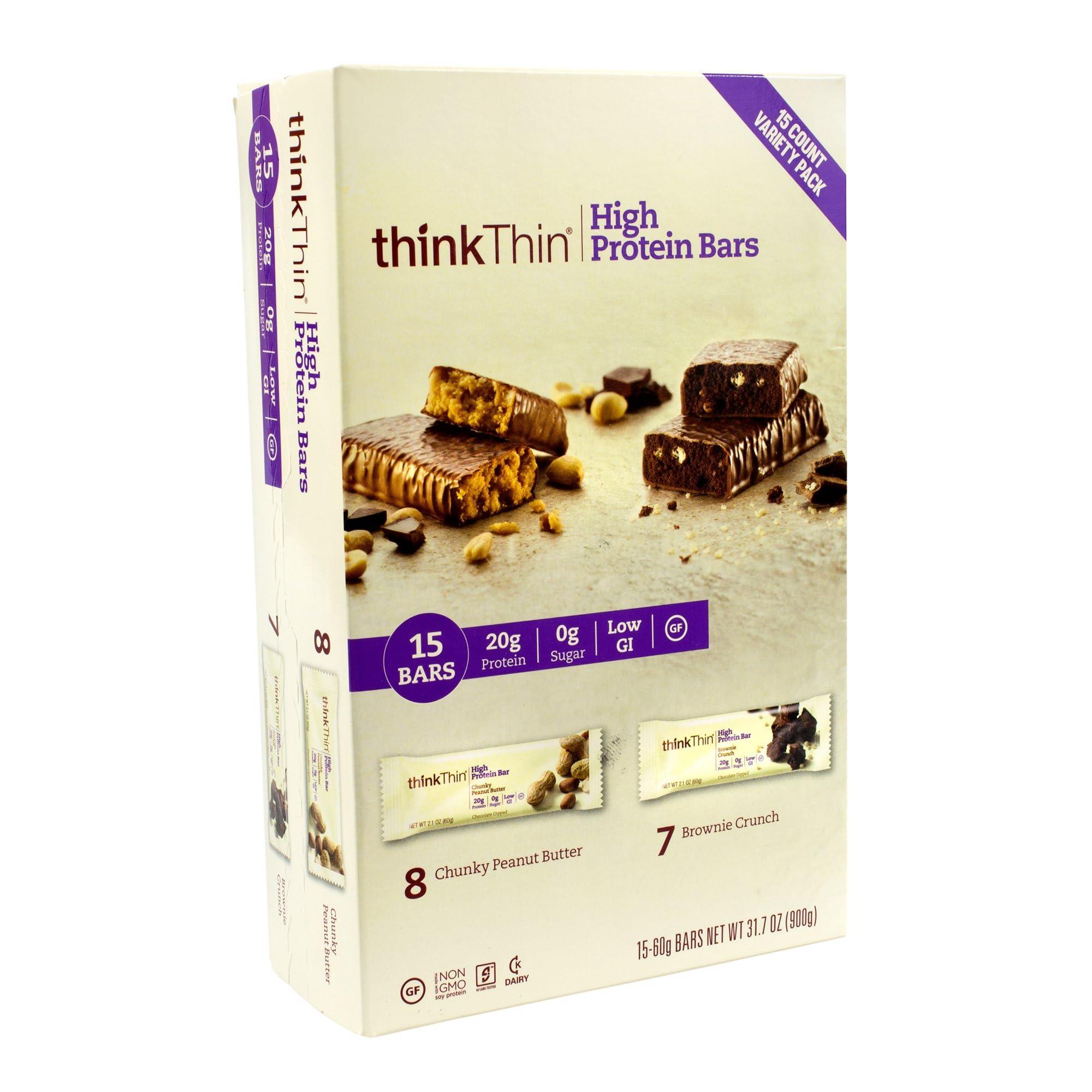 thinkThin Think Thin, 15 Bars - 8 Chunky Peanut Butter, 7 Brownie Crunch