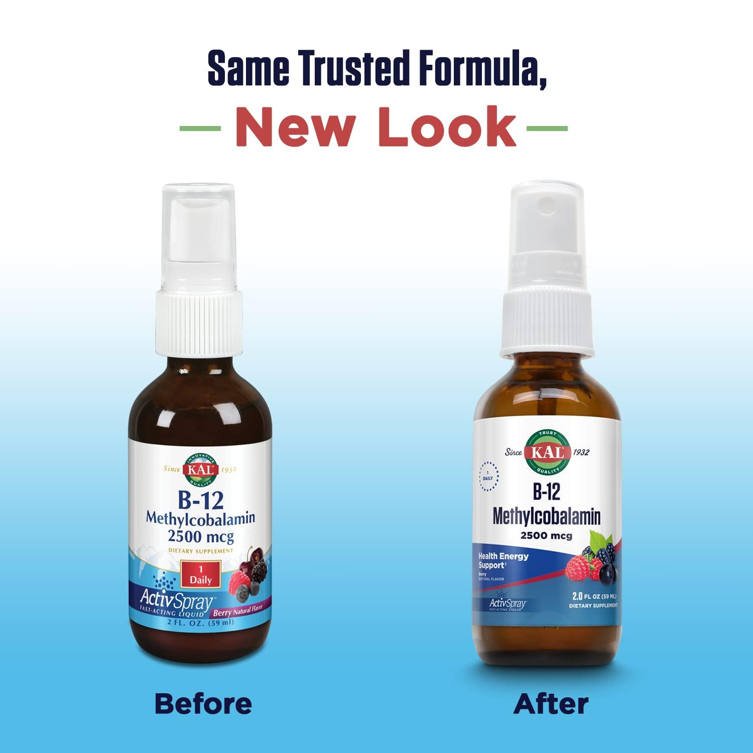 KAL KAL Vitamin B12 Methylcobalamin ActivSpray 2500mcg, Healthy Energy, Metabolism, Nerve & Red Blood Cell Support,* Fast-Acting Liquid B12, Maximum Absorption, Natural Berry Flavor, 80 Servings, 2 fl oz