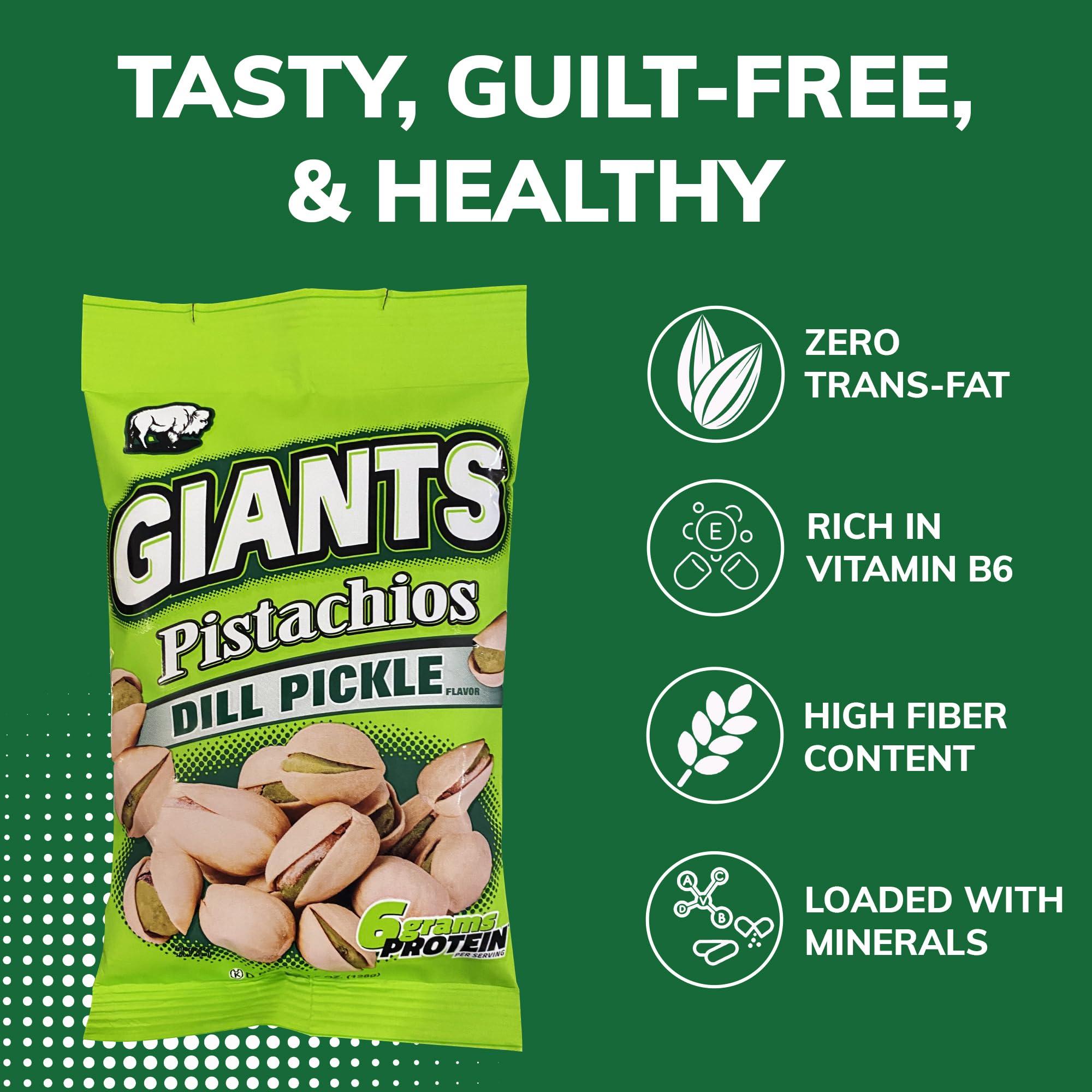 GIANTS GIANTS Dill Pickle Pistachios - Healthy Snacks, In Shell Pistachios Individual Packs, High Protein Snack, Flavored Pistachio Nuts - 4.5 oz Bags (Pack of 8)