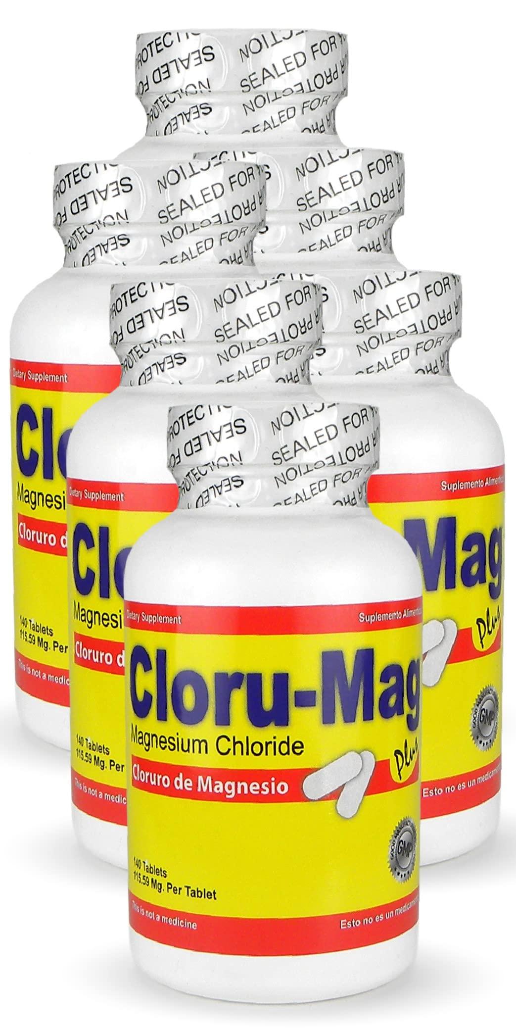 Cloru-Mag Plus Magnesium Chloride Tablets - Cloru-Mag Plus - Dietary Supplement - Pack of 6 Bottles - Cloruro de Magnesio