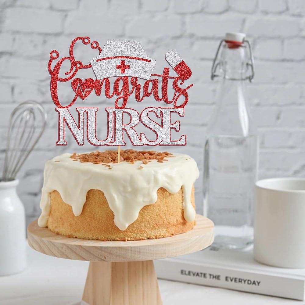 Dcokska Dcokska Congrats Nurse Cake Topper, Future Nurse Cake Topper, Congrats RN, Nurse Graduation/Medical School Graduation Party Decorations Supplies/Dinner Party Cake Topper Decorations (Red & Silver-1)