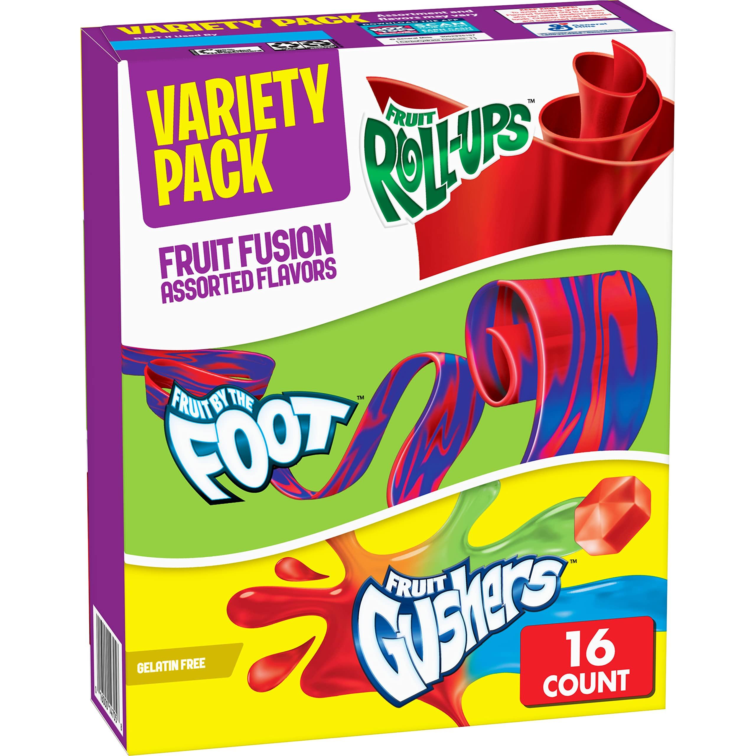 Betty Crocker Betty Crocker Fruit Roll-Ups, Fruit by the Foot, Gushers, Snacks Variety Pack, 16 ct (Pack of 6)