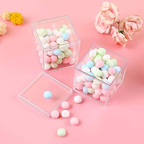 Lainrrew Clear Plastic Square Cube,15 Pack Small Acrylic Plastic Storage Box with Lids Transparent Clear Square Containers Display Boxes Gift Box with Glitter Ribbon for Candy Pill Jewelry Christmas (1.8 Inche
