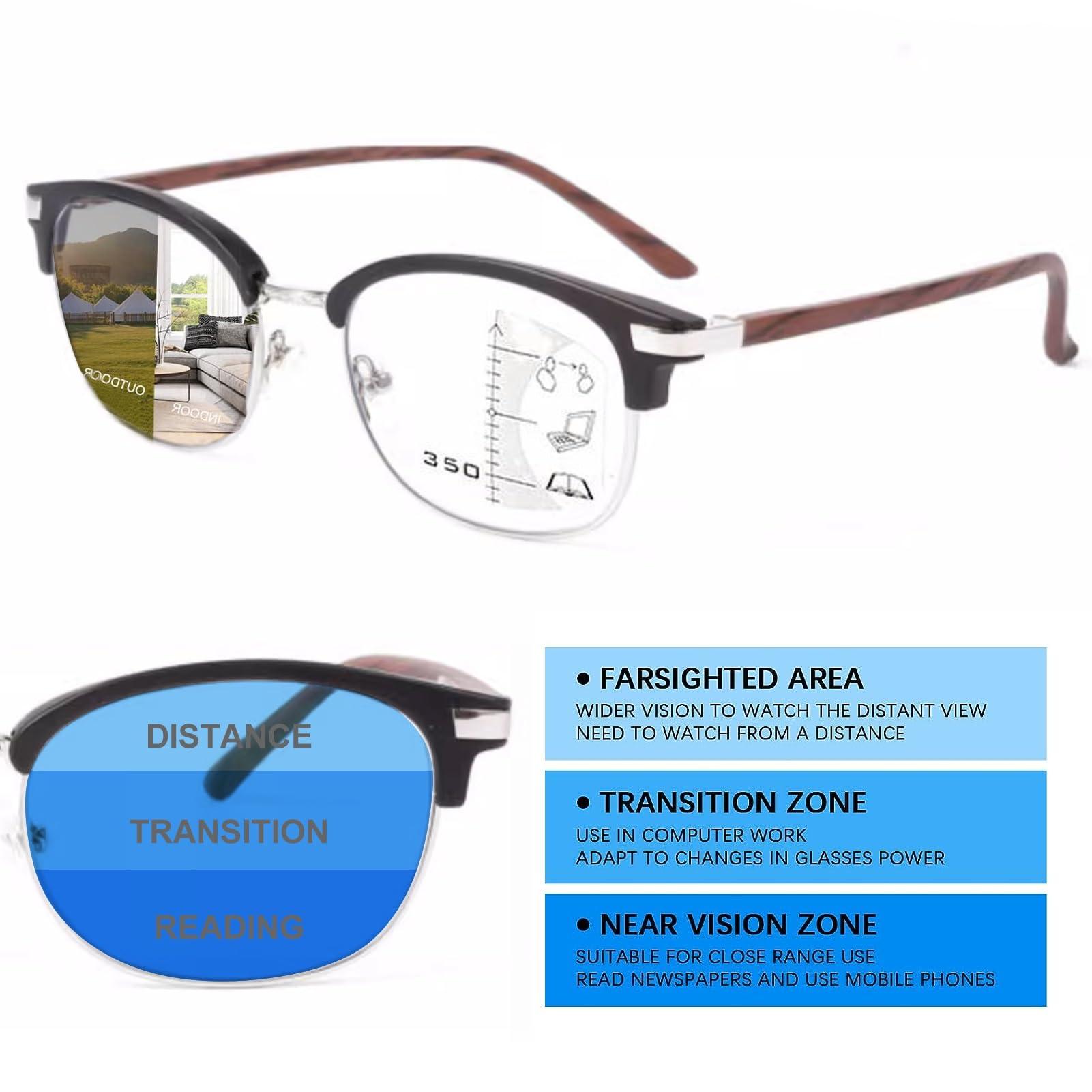 Generic Progressive Multifocal Reading Glasses, Men Photochromic Sunglasses, TR+Metal Frame+Wood Grain Temple (Color : Brown, Size : 2.75 x)