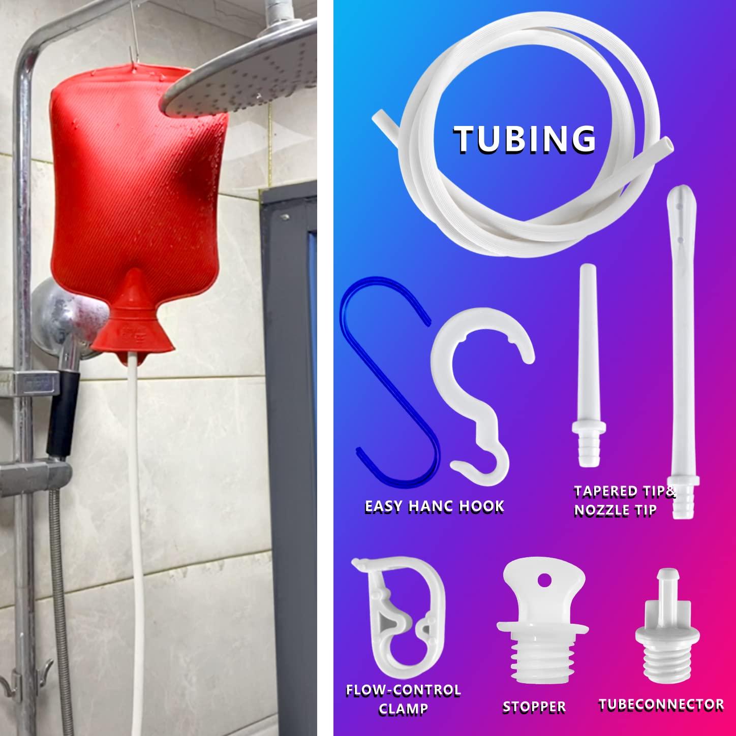 Guatbsecure 2 L Home Enema Bag Kit with 2 Enema Tips,60 inch Long Silicone Hose, Controlable Water Flow Valve, Hot-Water Bottle for Colon Cleansing EnemasRed