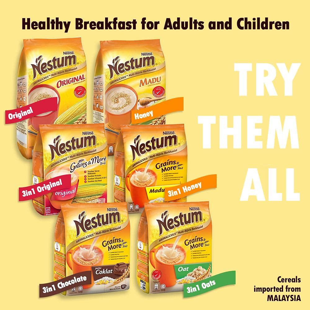 Nestle Nestum Nestum All Family 3-in-1 Instant Cereal Milk Drink and 1-Pack Nestle Cereal Snack Bundle (Milo or Koko Krunch or Honey Star, 30 g) - Low Fat Milk Cereal Made with Wholemeal Wheat, Rice & Corn Grits, Fortified with Vitamins (Chocolate, 15 Sachets)