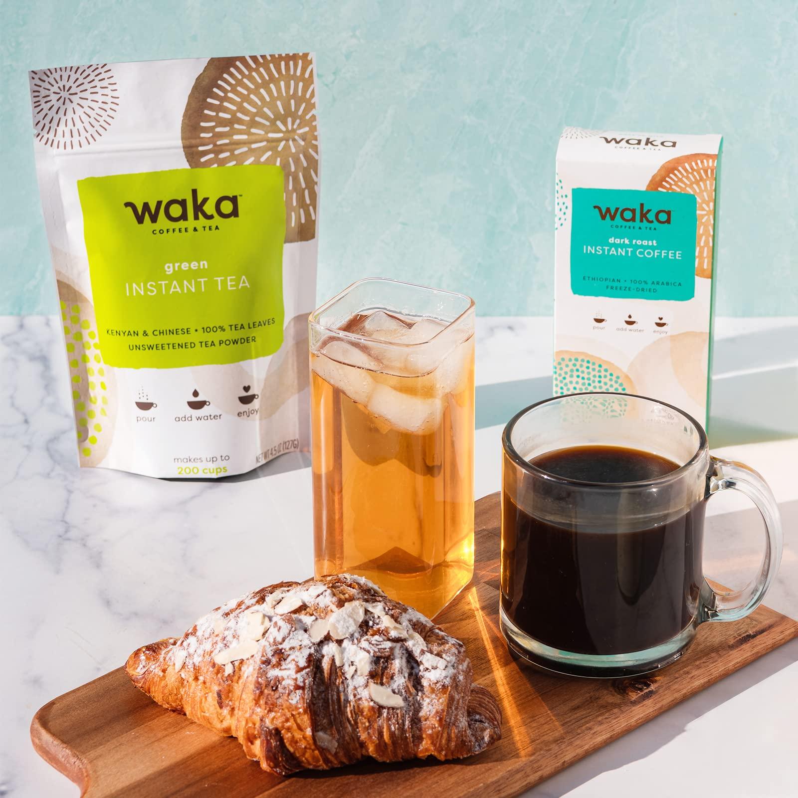 Waka Coffee Waka — Instant Coffee and Tea Bundle — Unsweetened Green Tea — Single-Serve Ethiopian Dark Roast Box Bundle