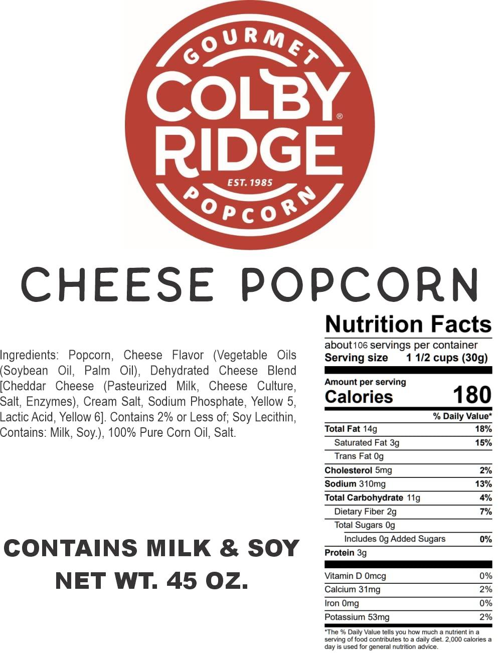 Colby Ridge Colby Ridge Cheddar Cheese Gourmet Craft Popped Gluten Free Popcorn Bulk Sized Large Gift Party Bags (Bulk 5 Gal. 80 Cups) (Cheddar Cheese)
