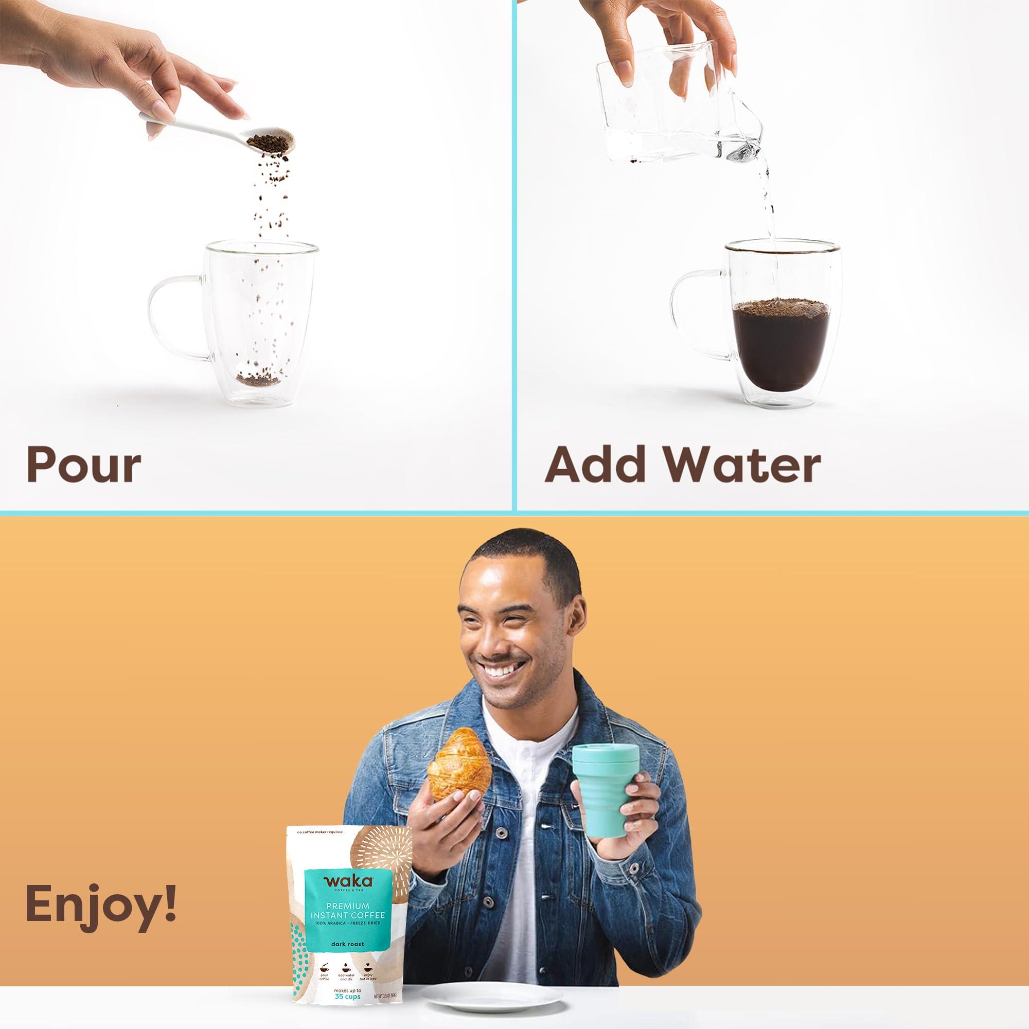 Waka Coffee Waka Instant Coffee, Dark Roast - 100% Arabica Beans, Freeze Dried Granules, No Additives - Single Serve Packets for Quick Hot and Iced Coffees (8 Individual Coffee Packets)