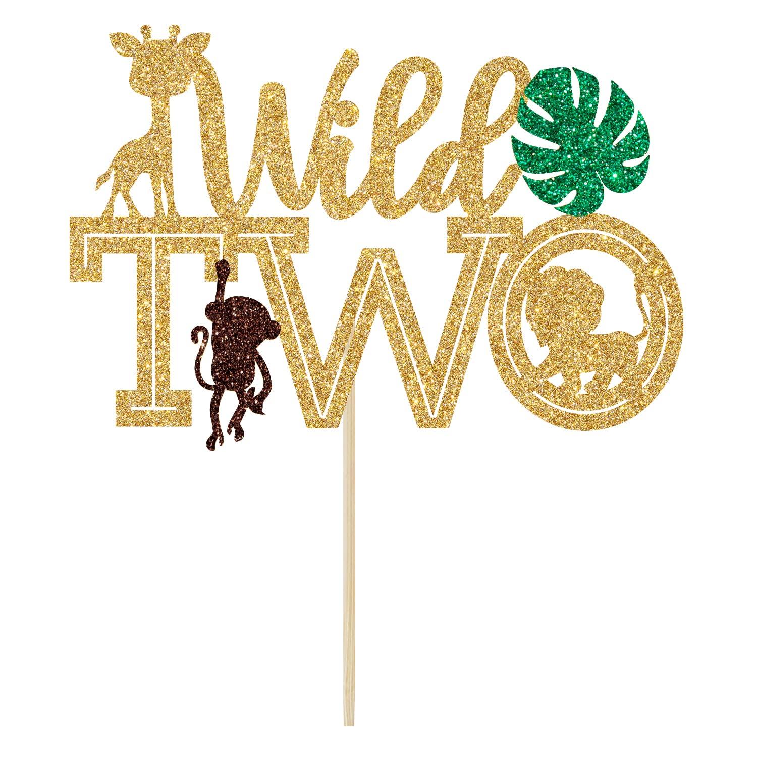 Sriburcio Gold Glitter Two Wild Cake Topper, Born Two Be Wild/Happy 2nd Birthday/Two Cute/Two Fast, Jungle Wild Themed Baby's 2nd Birthday Party Decorations