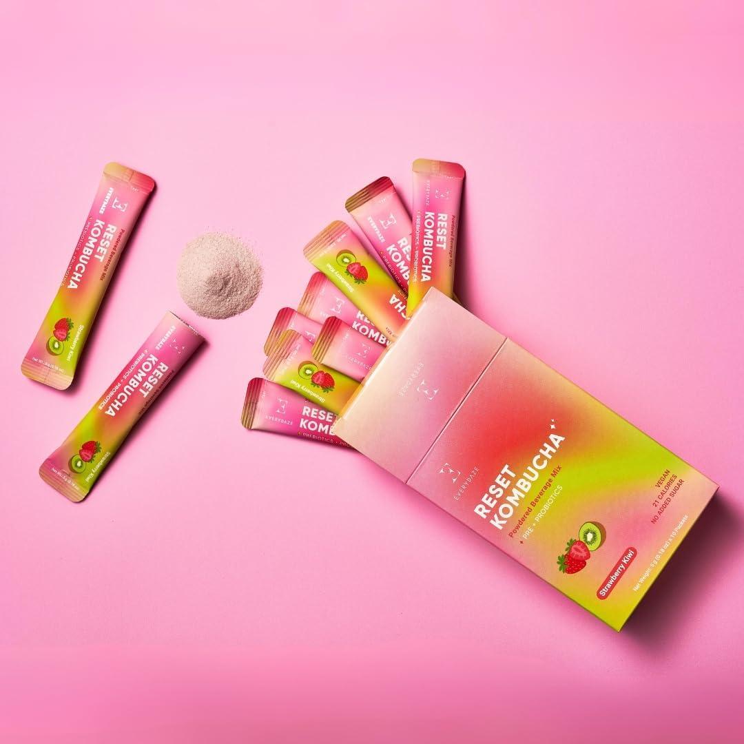 E EVERYDAZE Everydaze Reset Kombucha Tea Powdered Beverage Mix | 10 Sticks | Prebiotics + Probiotics | Vegan | No Added Sugar, Gluten Free, Sparkling Powder Drink Pack (Strawberry Kiwi)