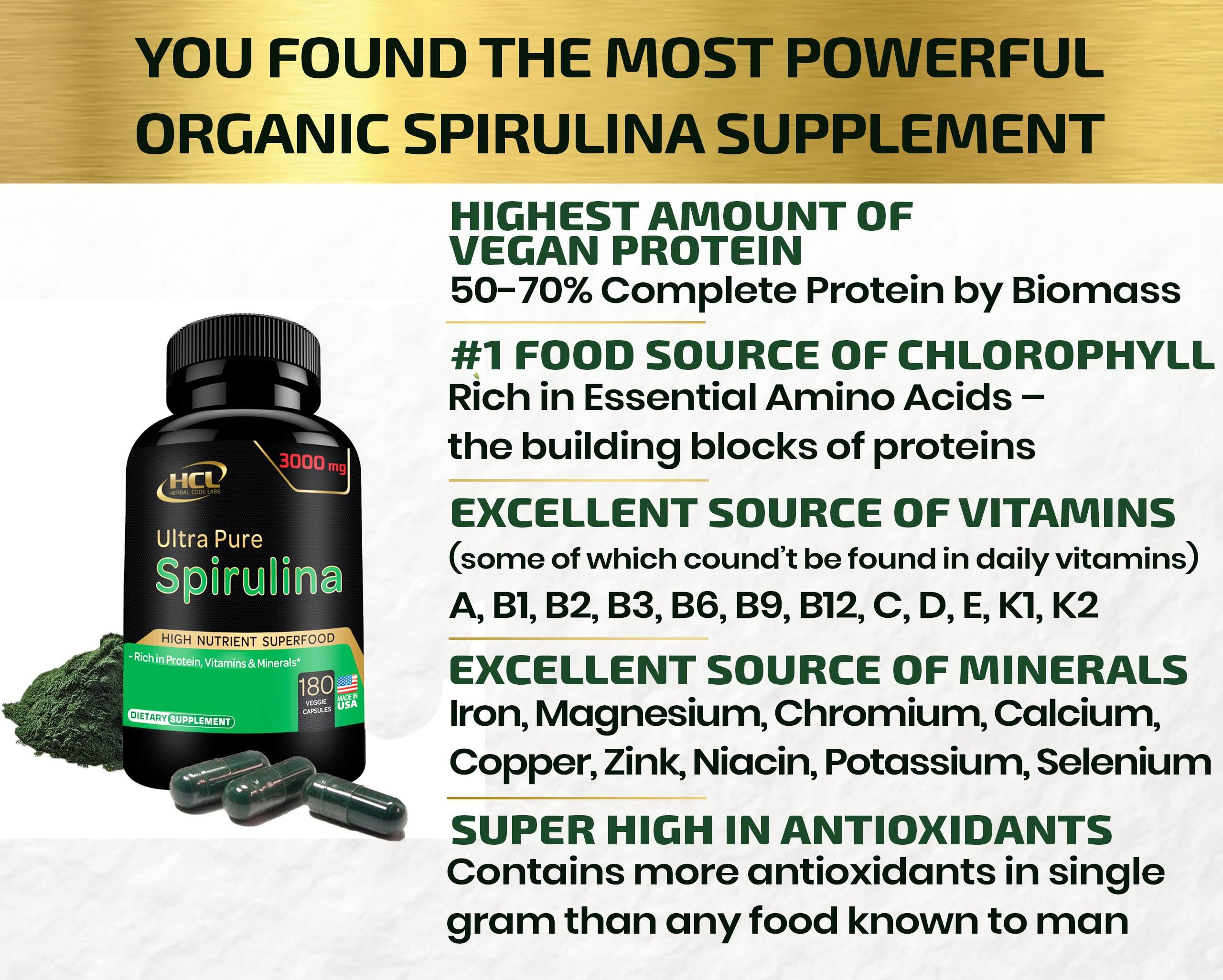 HCL HERBAL CODE LABS Organic Spirulina Powder Capsules 3000 mg - Purest Non-Irradiated Blue Green Algae - Best Raw Vegan Protein - Green Superfood - Natural Multivitamins – 180 Pills Made in The USA
