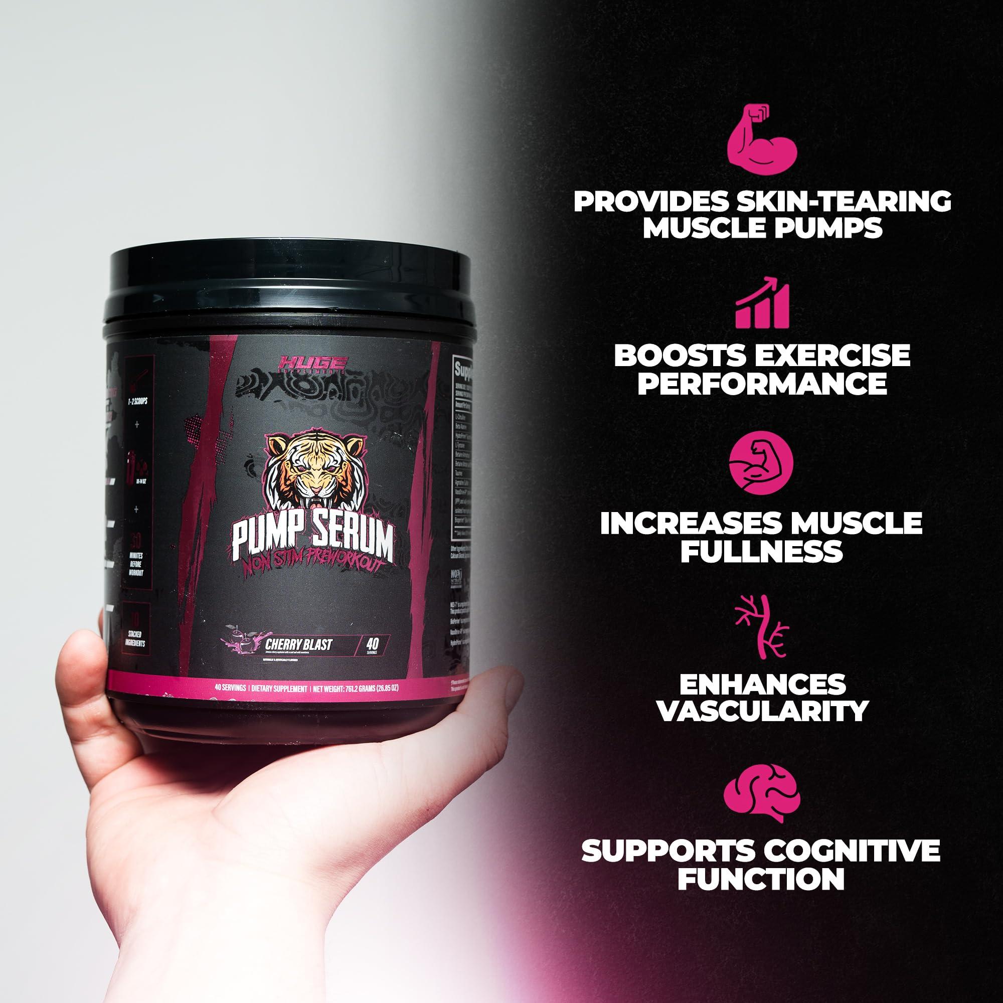 Huge Supplements Huge Supplements Pump Serum, Stim Free Pre Workout and Nitric Oxide Booster to Enhance Focus, Pumps, Fulness with No Caffeine, L-Citrulline, GlycerPump, L-Tyrosine, Nitrosigine (Cherry Berry)