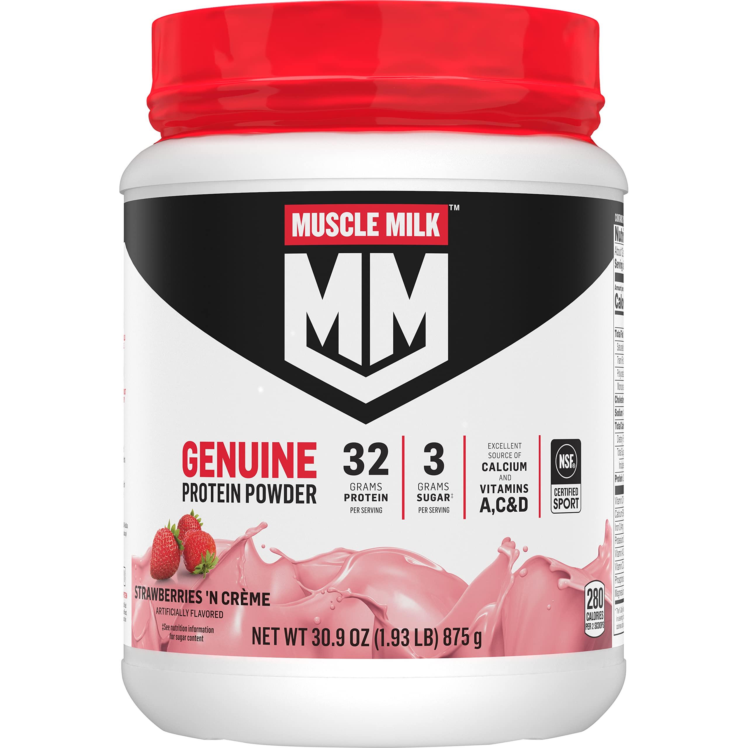Muscle Milk Muscle Milk Genuine Protein Powder, Strawberries ‘N Crème, 1.93 Pounds, 12 Servings, 32g Protein, 3g Sugar, Calcium, Vitamins A, C & D, NSF Certified for Sport, Energizing Snack, Packaging May Vary