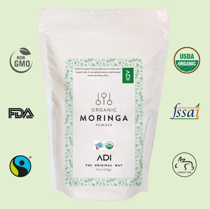 ADI ADI Organic Moringa Powder 8oz, Pure Moringa Superfood for Immune Support, Moringa Tea, Made from Organic Moringa Leaves, USDA Certified