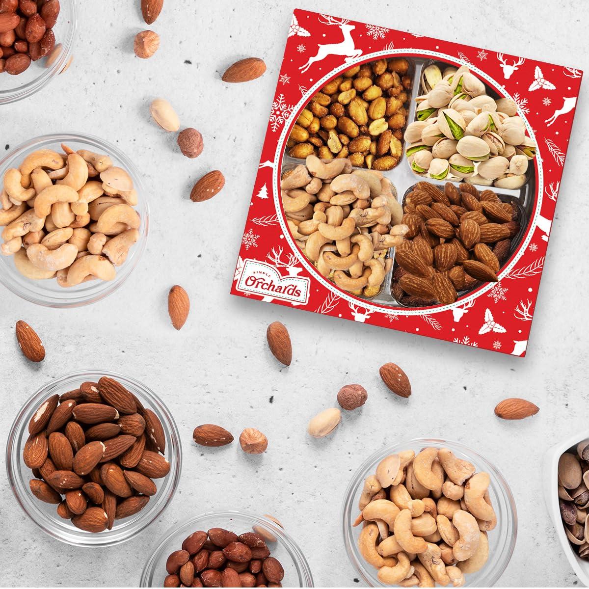 Simple Orchards Christmas Nuts Gift Basket for Holiday Season, Premium Mixed Nut Assortment Gift Gourmet Snack Food Present Box, Vegan, Organic and Kosher - Christmas Gift Basket for Family (4 Sectional)