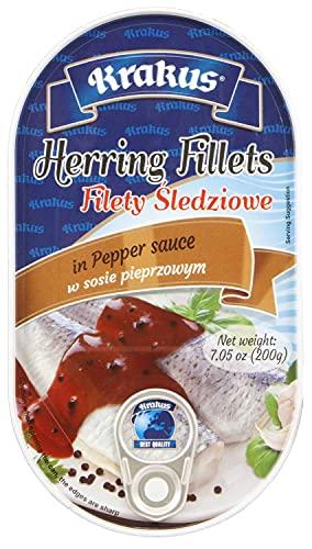 Krakus KRAKUS HERRING FILLETS in variety taste sauce: tomato, mustard, gourmet, pepper 7.05 oz (200g) x 4 pack. Variety taste: PRODUCT OF POLAND.