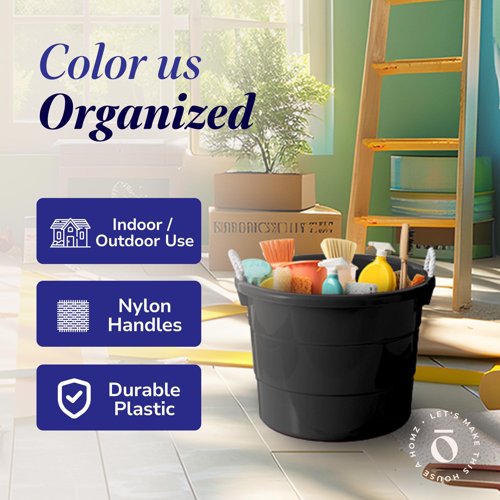 HOMZ HOMZ 6-Pack Utility Tub, Large Plastic Storage Bucket with Rope Handles, 17 Gallon, Black