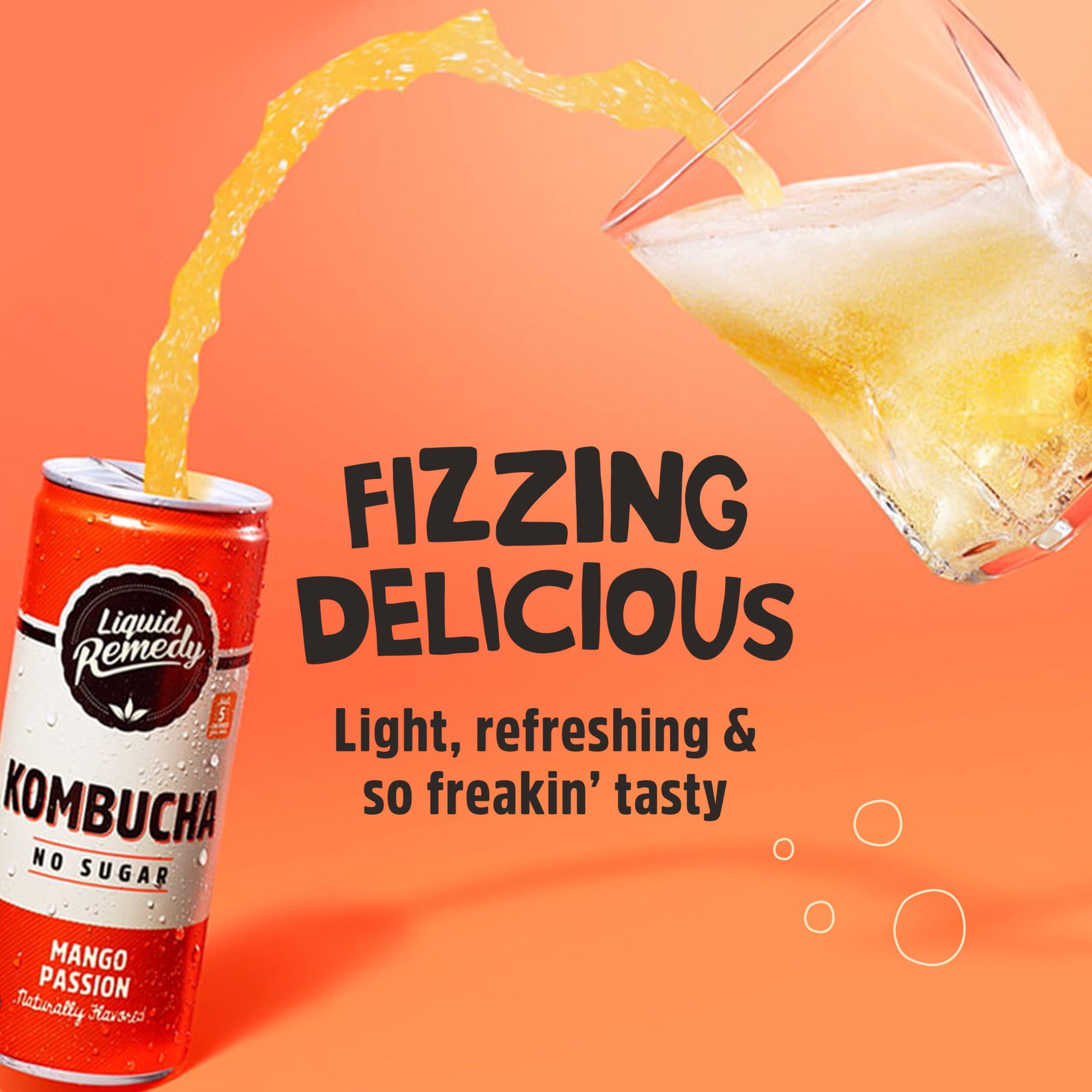 REMEDY Kombucha Liquid Remedy Kombucha Sugar Free Organic Drink, Low Calorie, Probiotic Like Tea for Gut Health - Mango Passion - 8.5 Fl Oz Can, 24-Pack