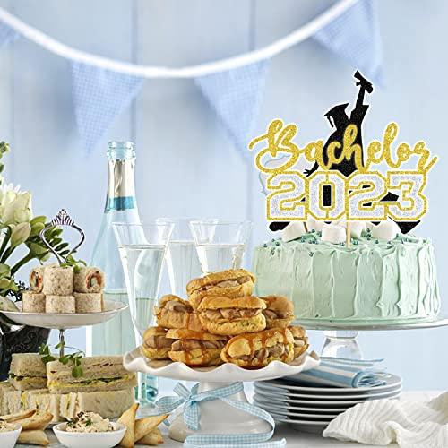 Aeryourtar Congrats Bachelor Cake Topper, 2023 Graduation Cake Topper, Congrats Grad Cake Decorations, College Graduation Party Decorations Supplies, Gold and Black Glitter