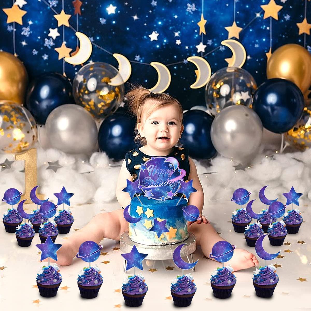 Kreatwow Galaxy Birthday Cake Decorations Solar System Happy Birthday Cake Topper Planets Star Planet Moon Outer Space Cupcake Toppers for Starry Sky Universe Space Themed Birthday Party Supplies - 25pcs