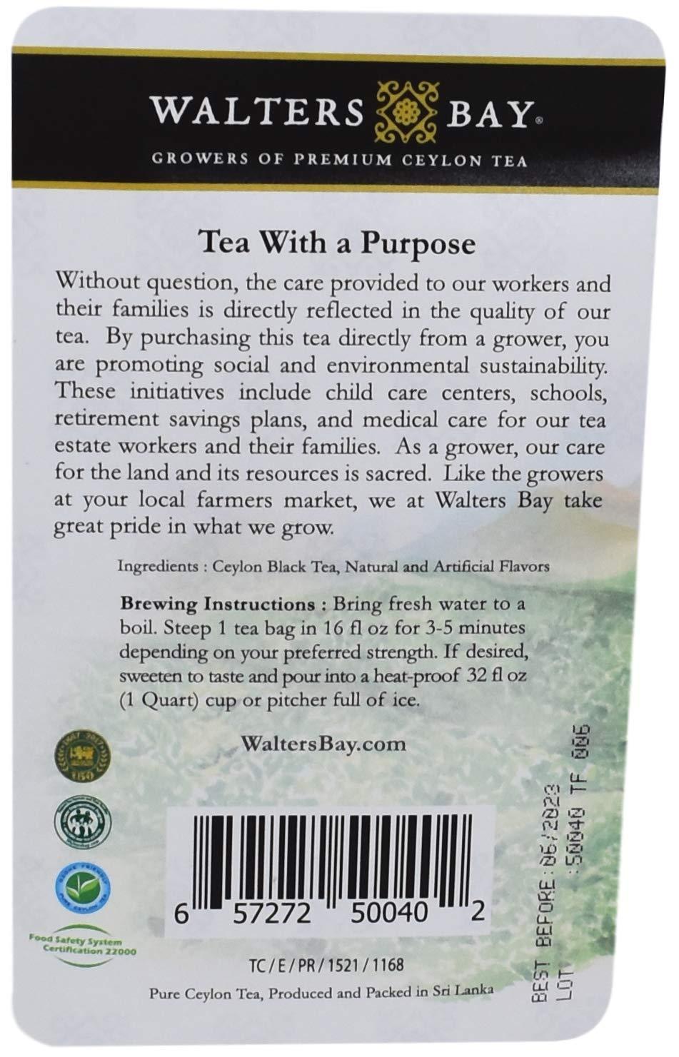 Walters Bay Walters Bay Raspberry Iced Tea, 12 Count, Quart Sized Tea Bags, Ceylon Black Tea, Unsweetened, 100% Hand Plucked, Delicious Raspberry Tart Flavor, Sri Lankan Tea