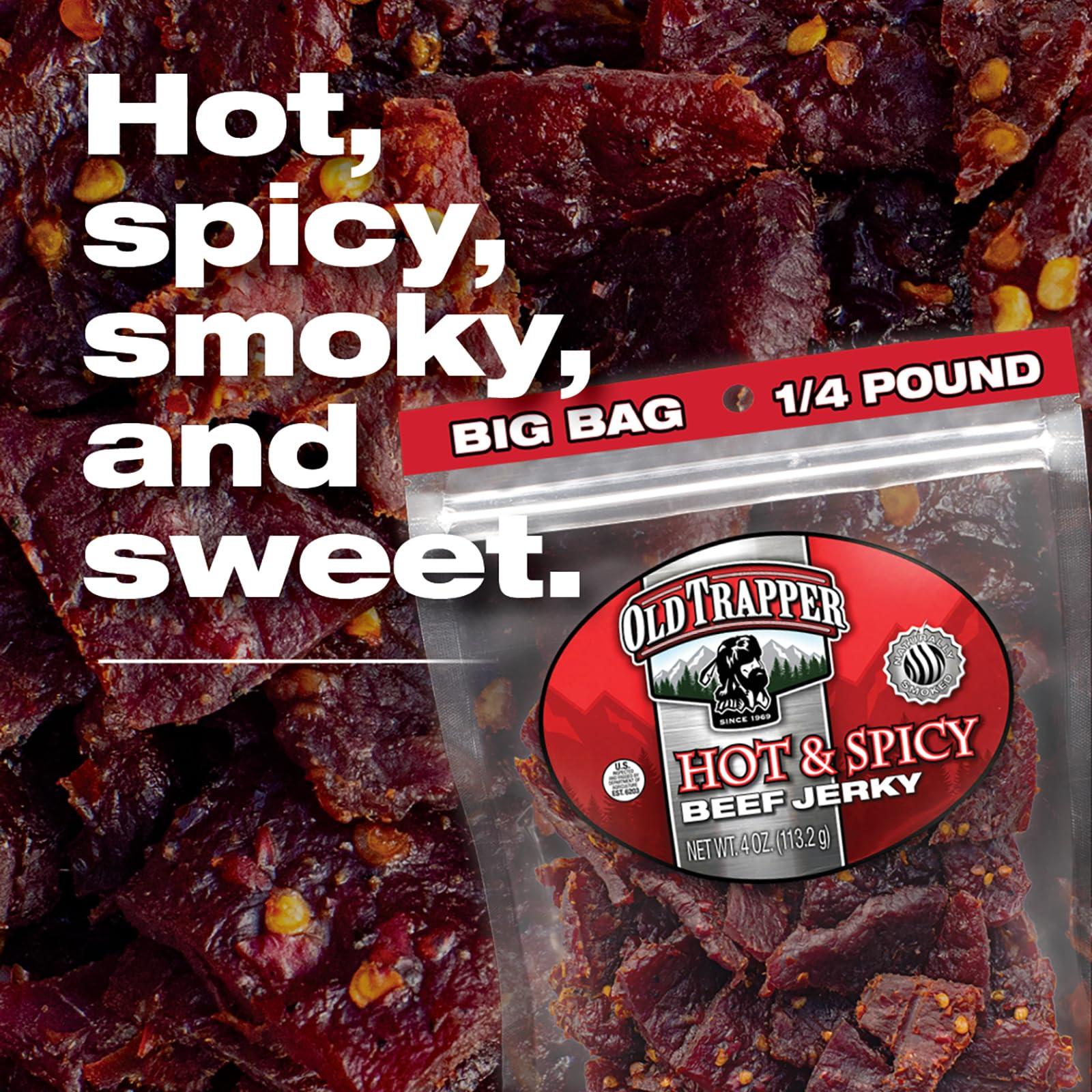Old Trapper Old Trapper Beef Jerky, Hot & Spicy 1/4-Pound Individual Package, Savory and Spicy Meat Snacks for Lunches or Between Meals, 11 Grams of Protein and 70 Calories per Serving (Pack of 8)