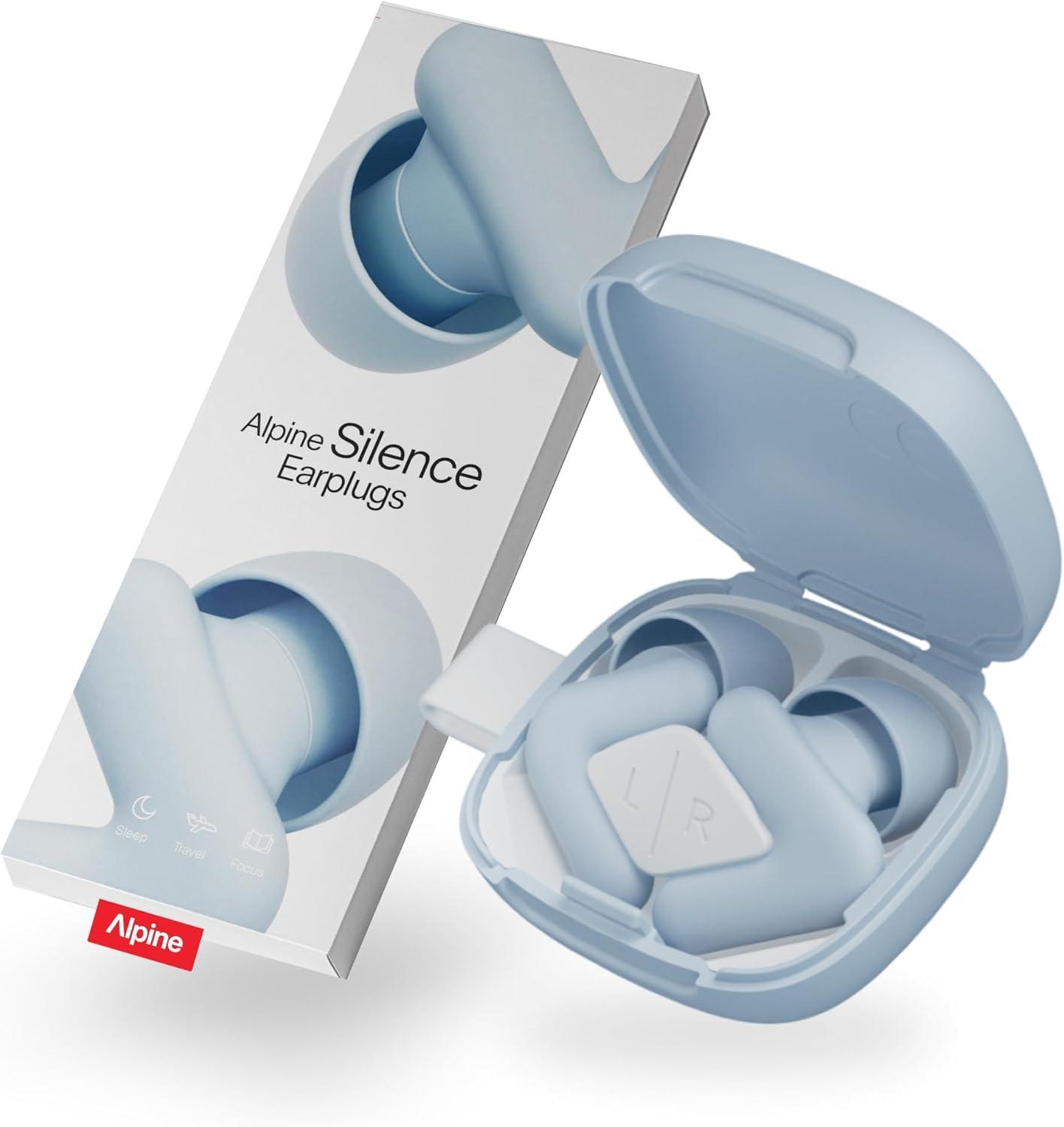 Alpine Alpine Silence Ear Plugs for Sleep, Focus & Travel - V-Shape Snug Fit & Soft Oval Tips 4 Sizes XS/S/M/L - Comfortable, Reusable Hearing Protection - 22dB Blue