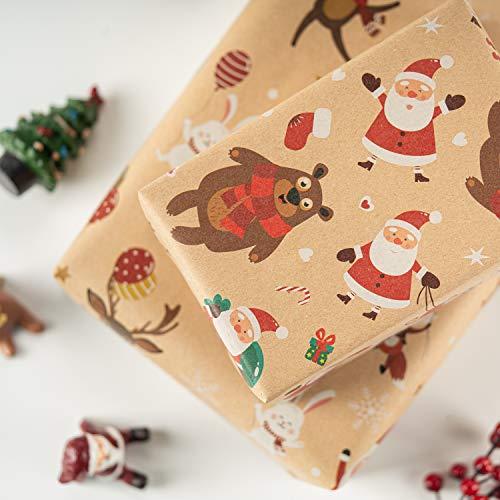 RUSPEPA RUSPEPA Christmas Kraft Wrapping Paper Santa Claus Xmas Theme Elements Great for Christmas, Birthdays, Holiday, Baby Shower - 6 Sheets Packed as 1 roll - 17.5 x 30 inches per Sheet