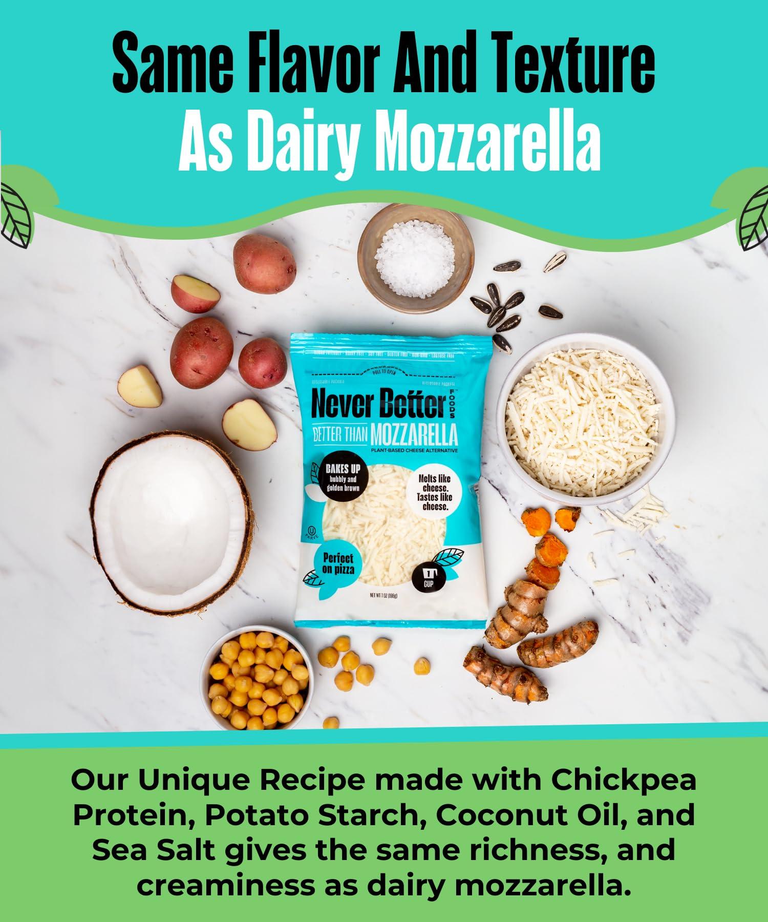 NEVER BETTER FOODS Dairy Free Cheese, Vegan Mozzarella Cheese That Melts Perfectly, Healthy Plant Based Cheese, 2.5 LB Bag of Vegan Cheese Shredded, Lactose Free Cheese with No Allergens, Non Dairy Cheese.