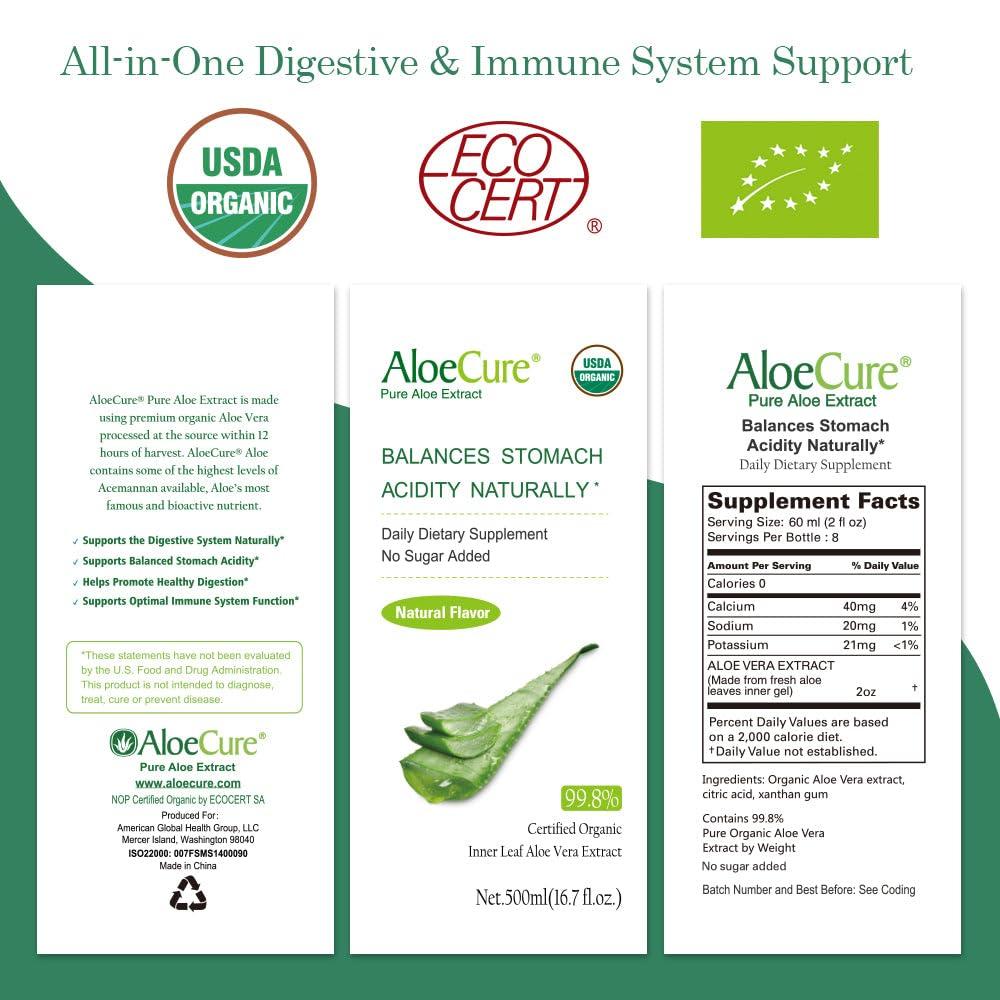 AloeCure AloeCure USDA Organic Aloe Vera Juice Made Within 12 Hrs of Harvest - Pure Aloe Juice Natural Digestive Supplement to Support Digestion, Immune System and Balanced Stomach Acidity, 6 x 500ml Bottles