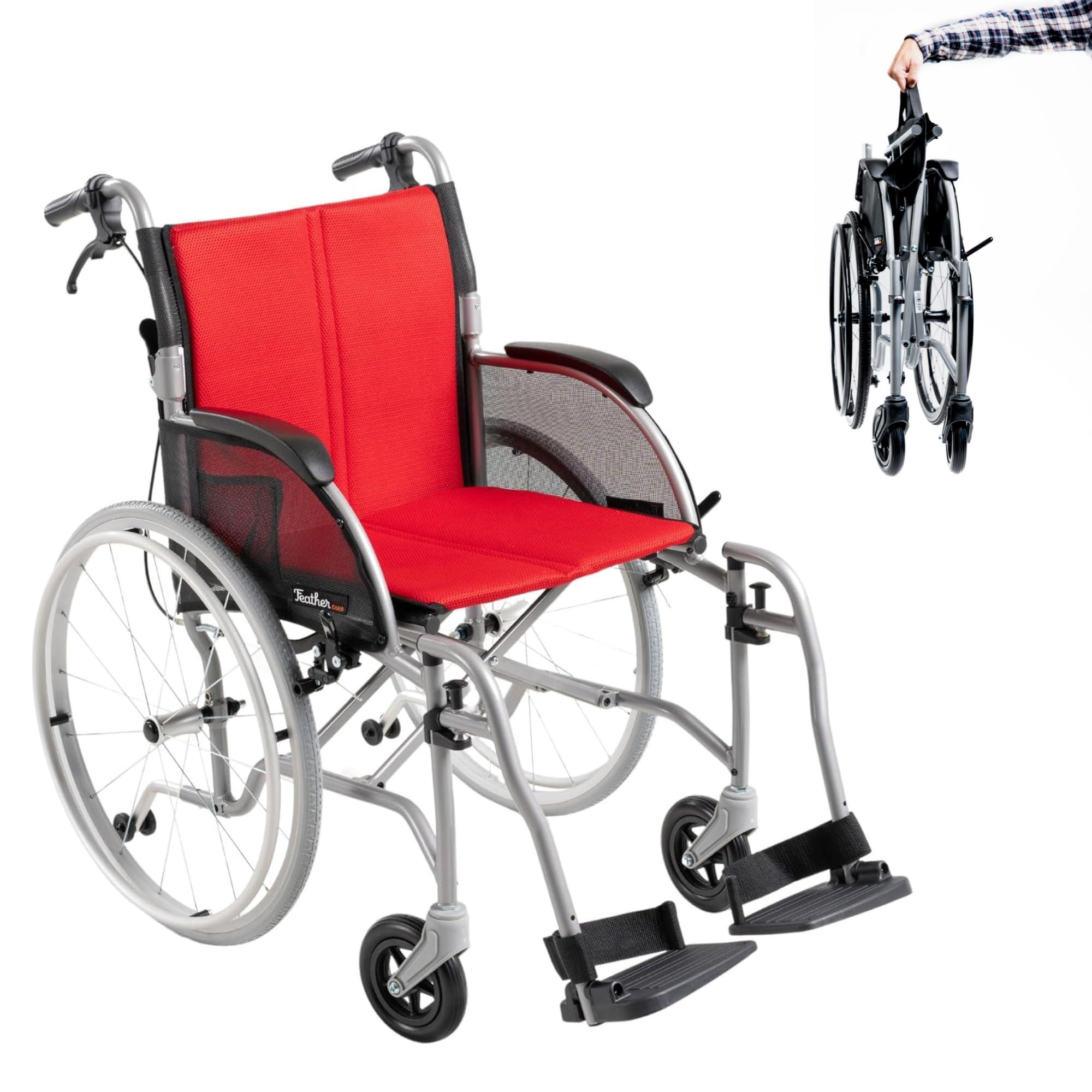 FeatherMobility Feather Mobility - Red Cushion 13.5lb Silver Frame Lightweight Folding Wheelchair - with Swingaway Legrests, Anti-tippers, and Quick Release Wheels