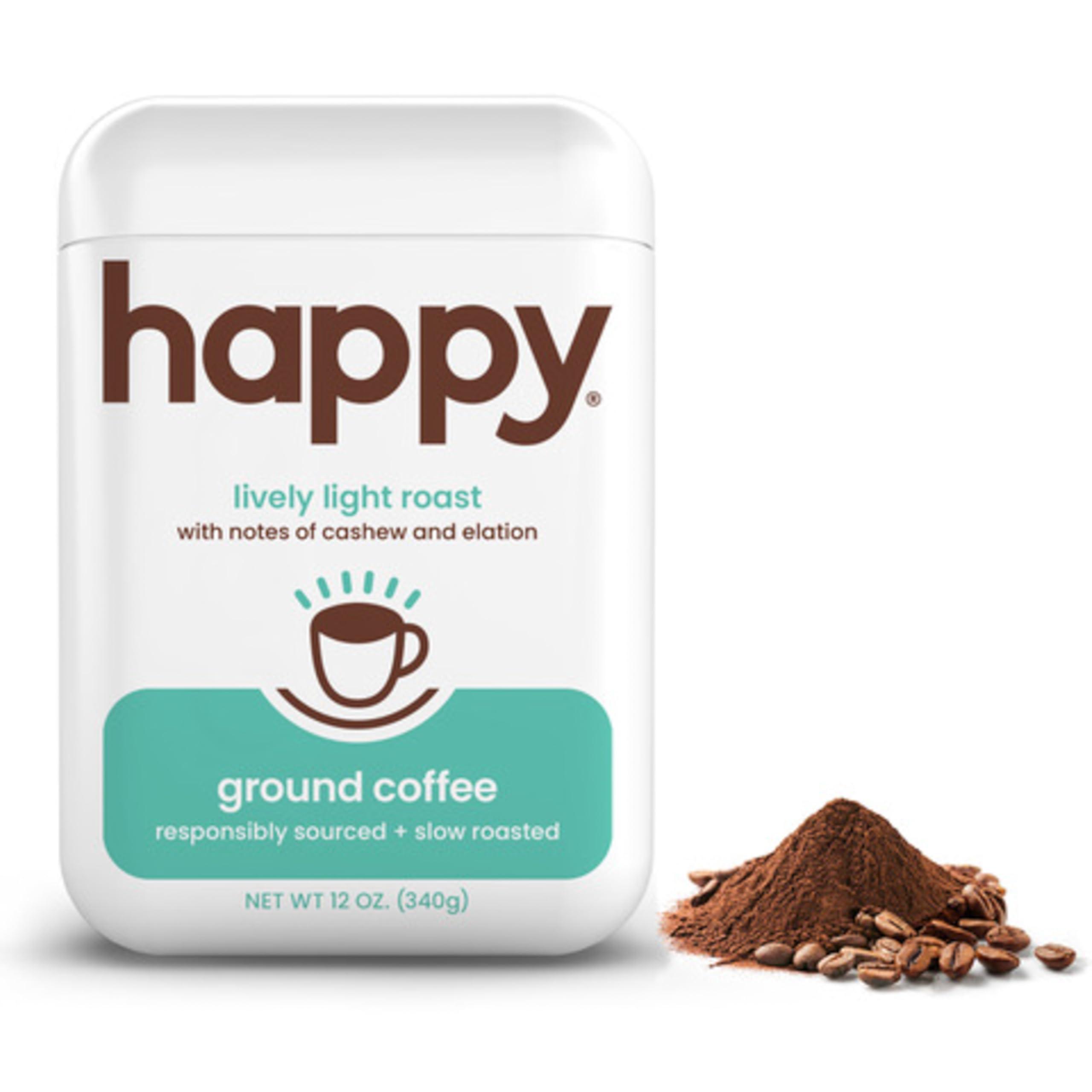 We Are Happy, LLC happy coffee light roast ground coffee, 12 oz., notes of cashew & elation, recyclable container, grown & harvested in Colombia, Brazil & Guatemala