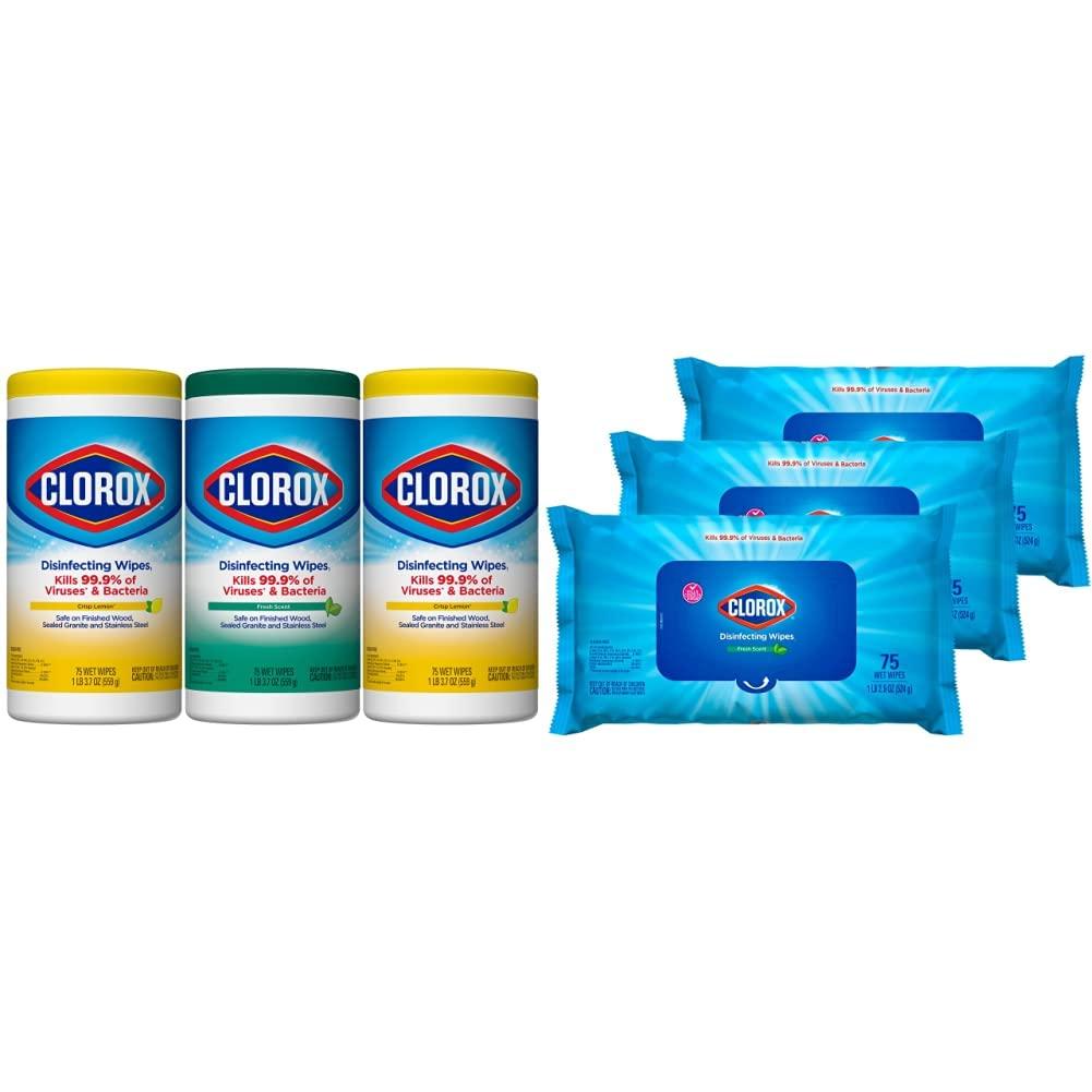 Clorox Clorox Disinfecting Wipes Value Pack, 3x 75ct Crisp Lemon and Fresh Scent Canister and 3x 75ct Easy Pull Moisture Seal Pack