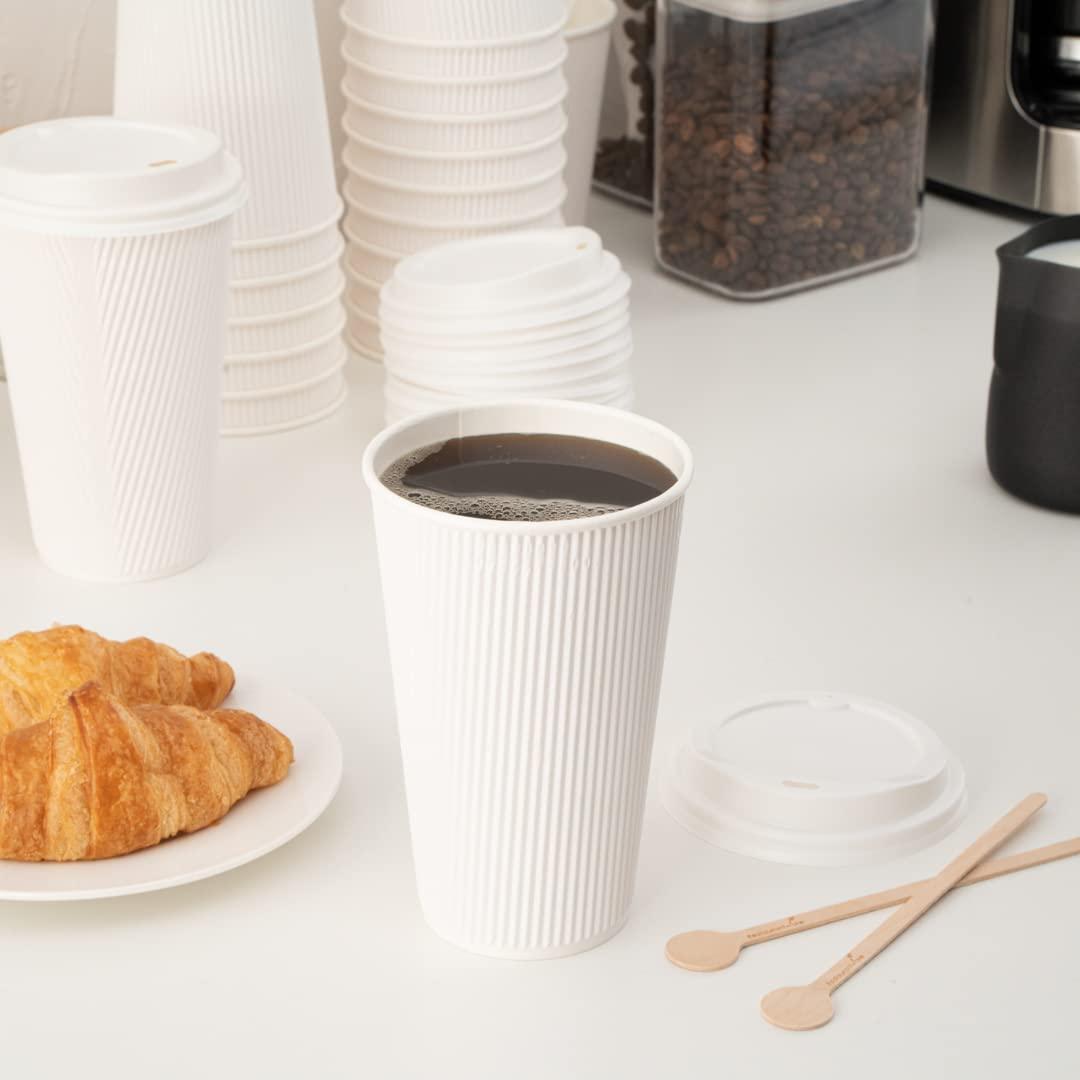 Restaurantware Restaurantware-16 Ounce Insulated Coffee Cups With Lids, 20 Ripple Wall Hot Cups With Lids - Leakproof, Non-Slip, White Paper Coffee Cups, Disposable, For Teas, Hot Cocoas, Or Lattes