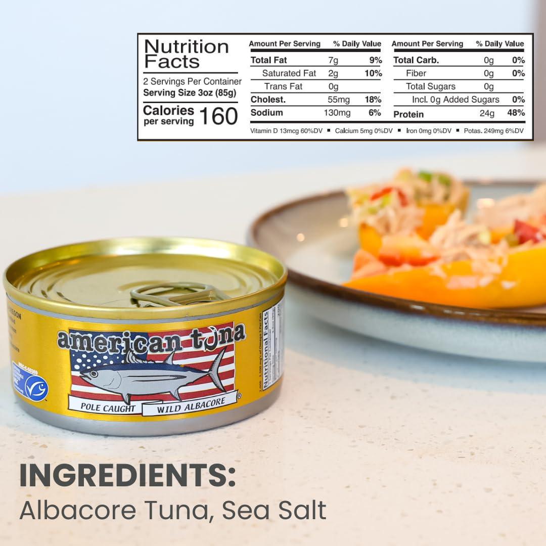 American Tuna Wild Albacore Tuna Fish by American Tuna - with Sea Salt, MSC Certified, Sustainable One by One Pole Wild Caught Fish - 6 oz cans | Pack of 12 | Premium Canned Tuna for Health and Flavor Enthusiasts!