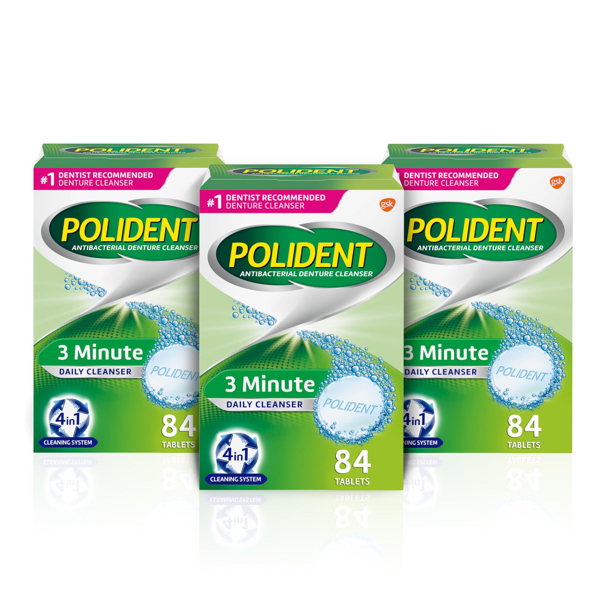 Polident Polident 3 Minute Denture Cleanser Tablets - Cleans Removable Oral Appliances, Clear Retainers, and Mouth Guards - 84 Count (Pack of 3)